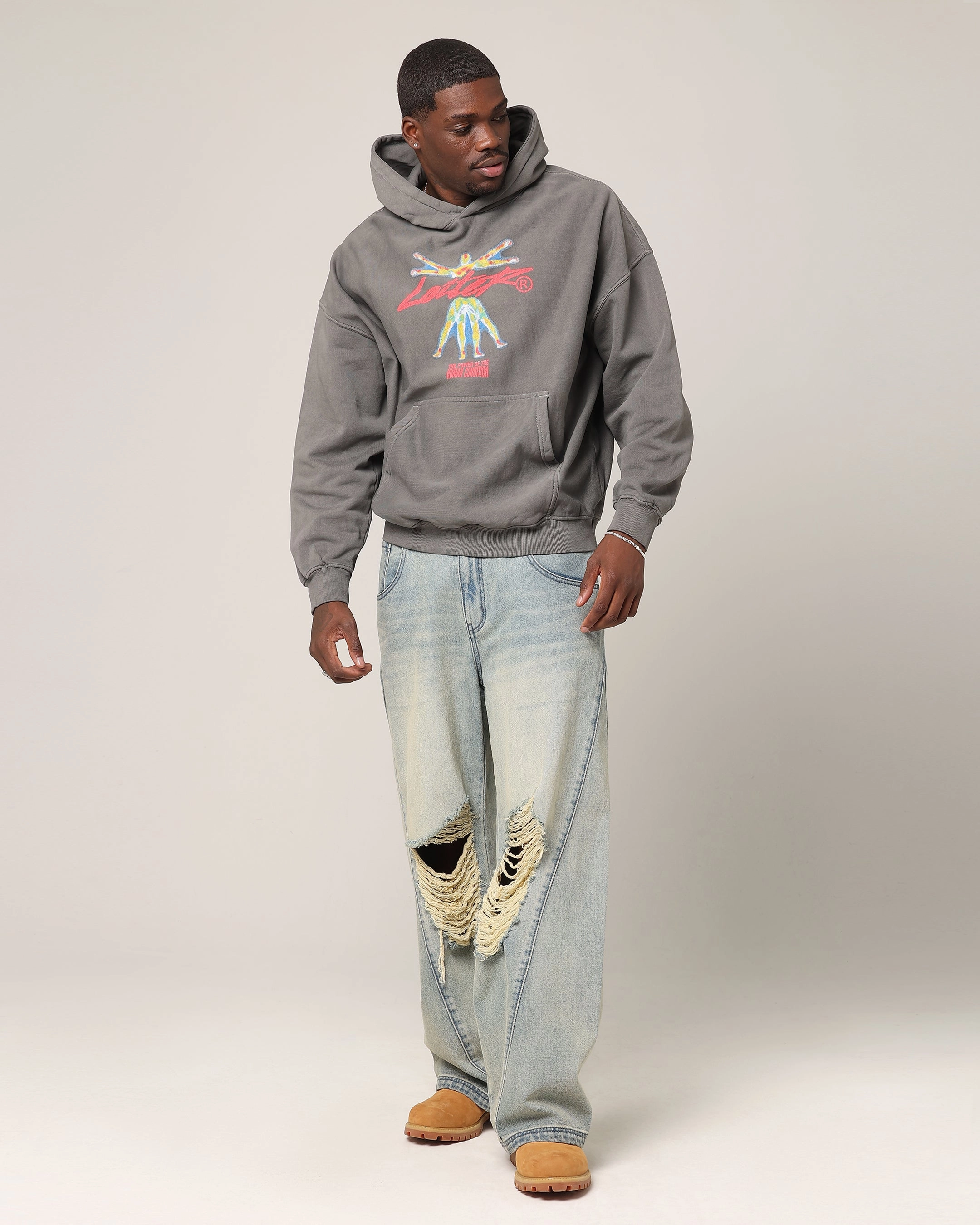 Loiter Human Condition Hoodie Washed Charcoal Tapered Silhouette models