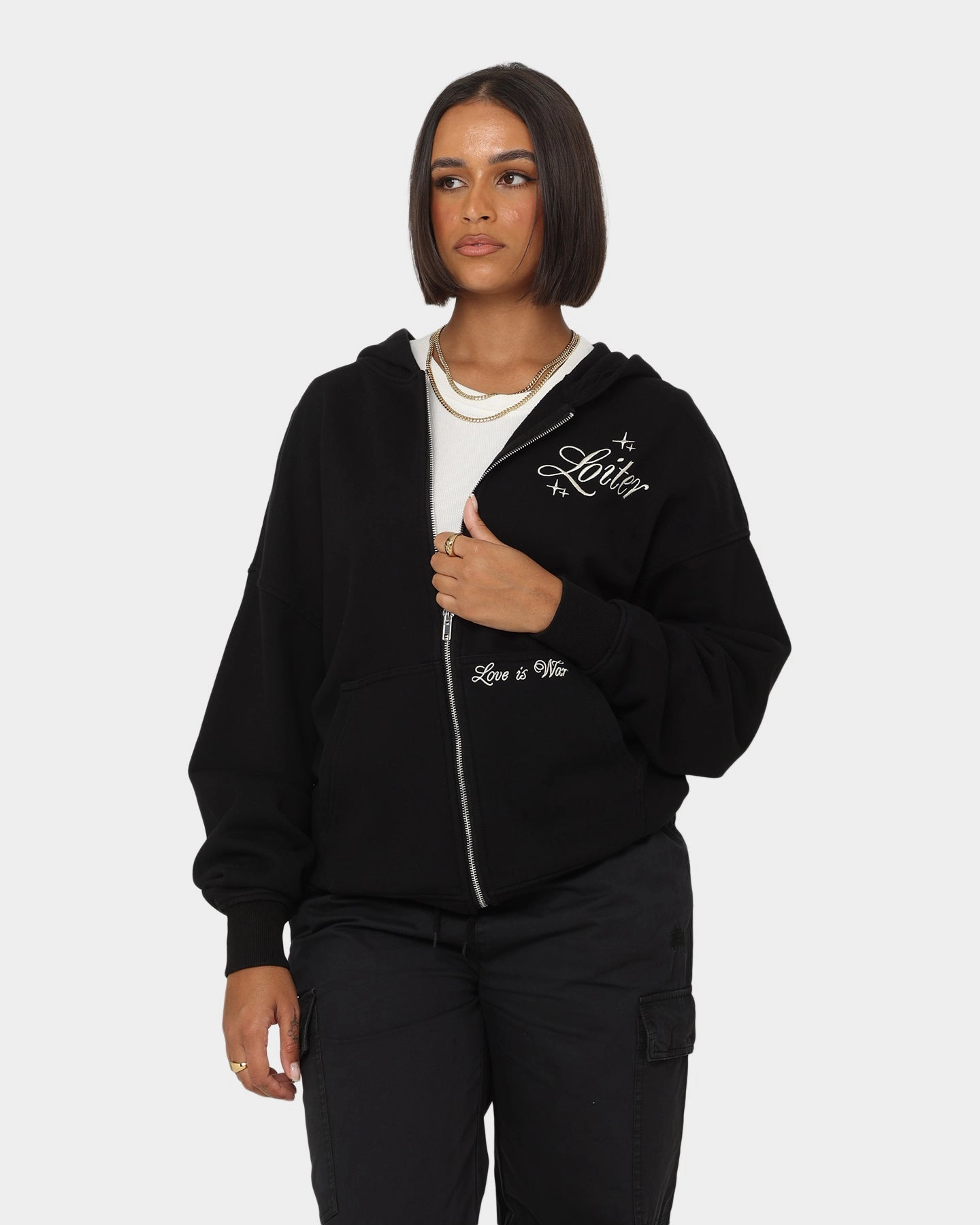 Loiter Paradise Zip Hoodie Off Black Stretchable
