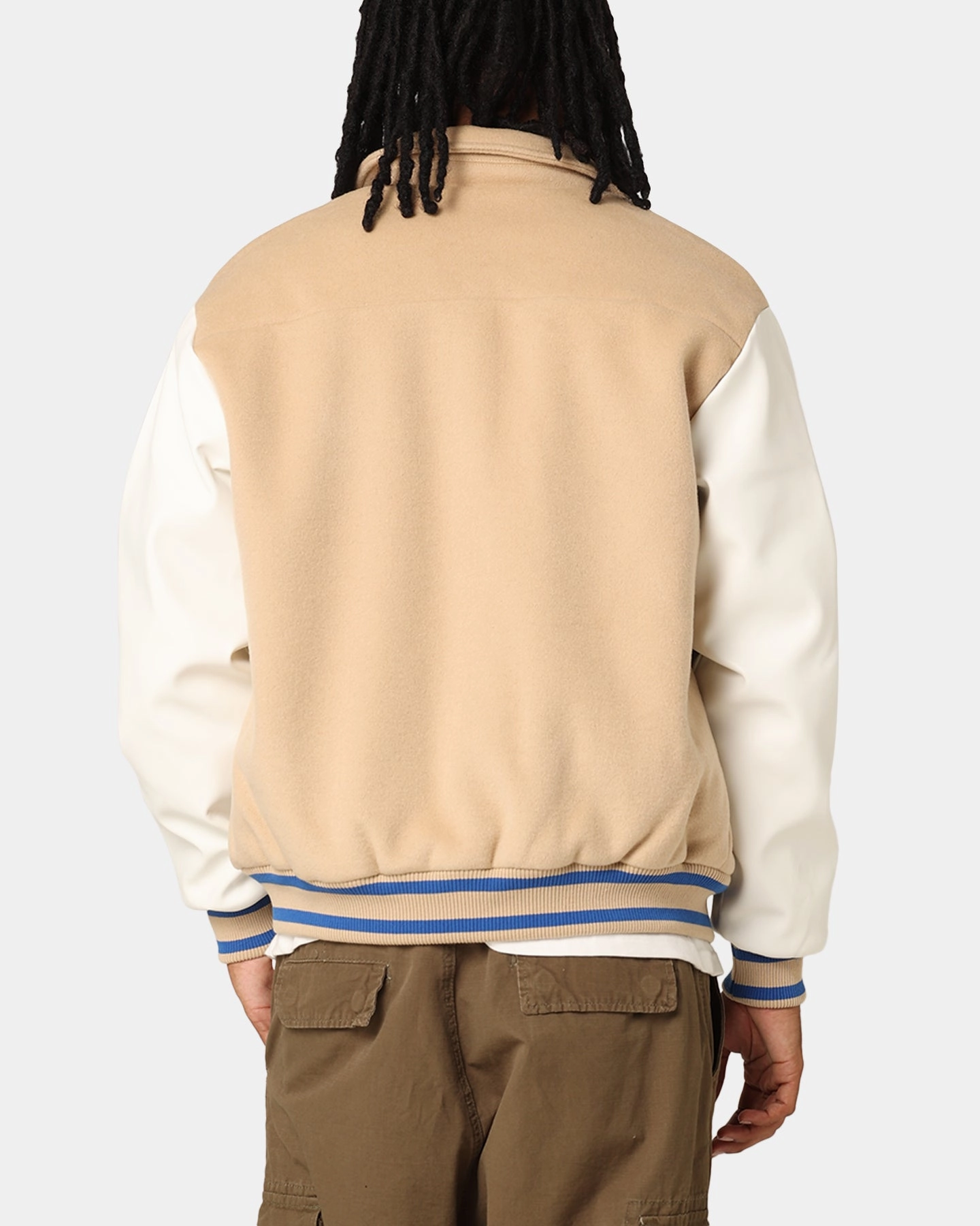 Versatile Layering Majestic Athletic Los Angeles Dodgers City PU Melton Letterman Jacket Oatmilk