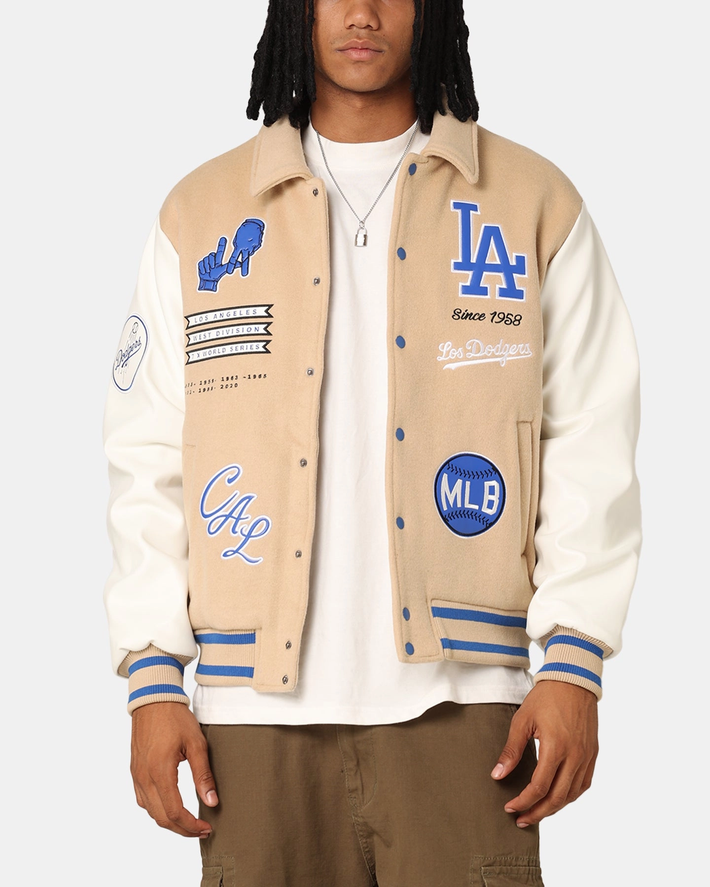 no pocket Majestic Athletic Los Angeles Dodgers City PU Melton Letterman Jacket Oatmilk