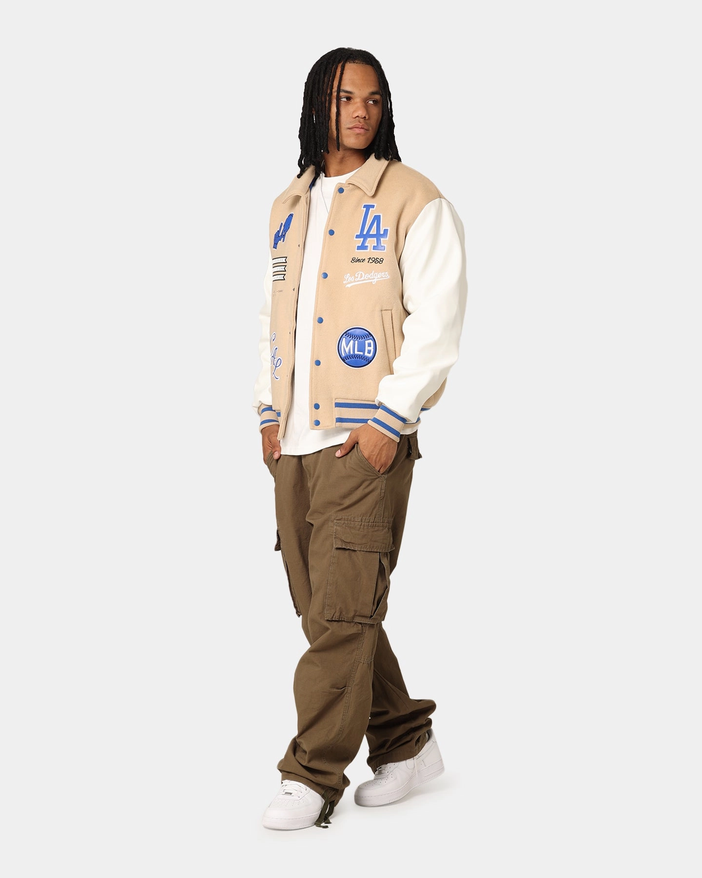Layer Versatility Majestic Athletic Los Angeles Dodgers City PU Melton Letterman Jacket Oatmilk