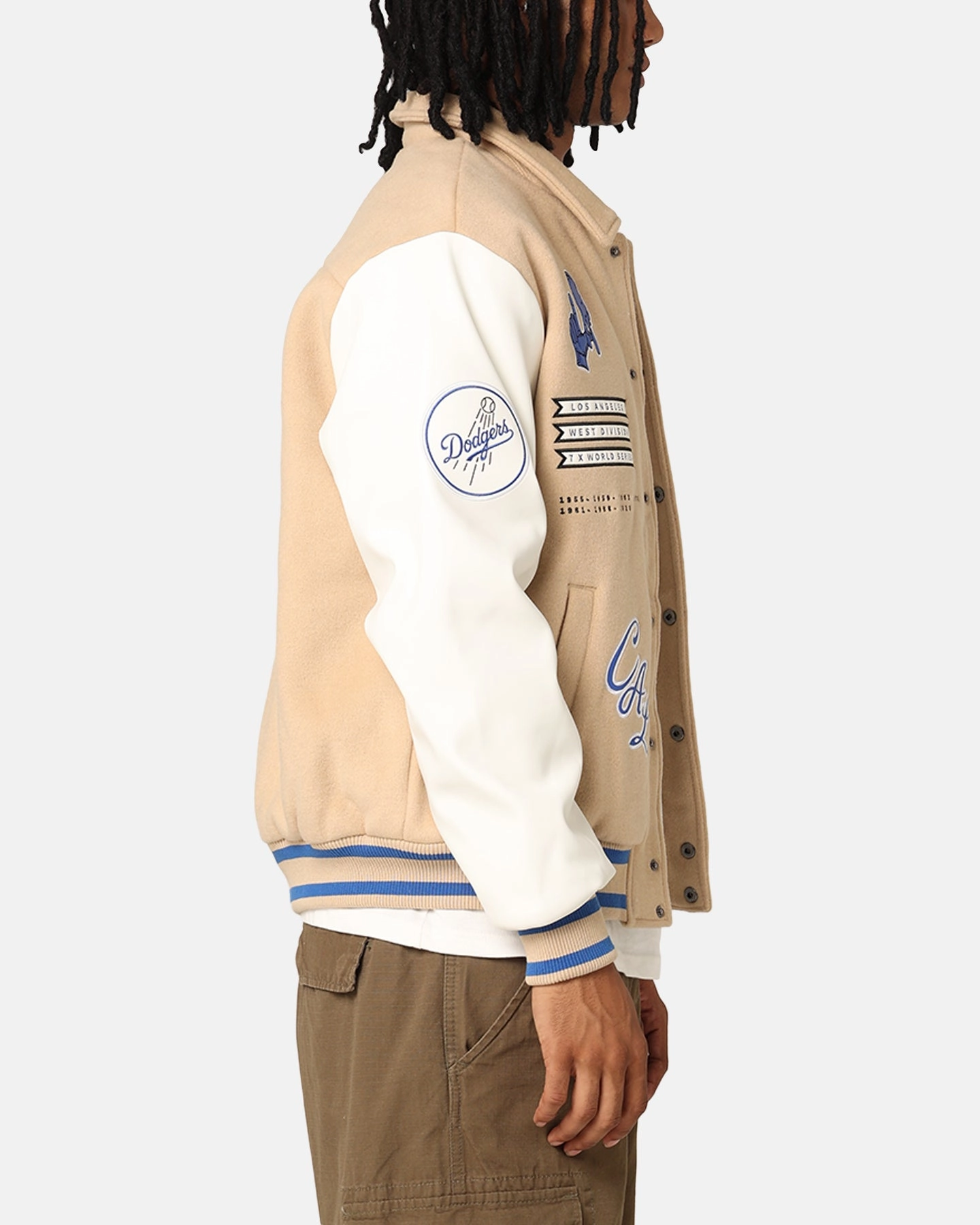 Majestic Athletic Los Angeles Dodgers City PU Melton Letterman Jacket Oatmilk Outdoor Layer