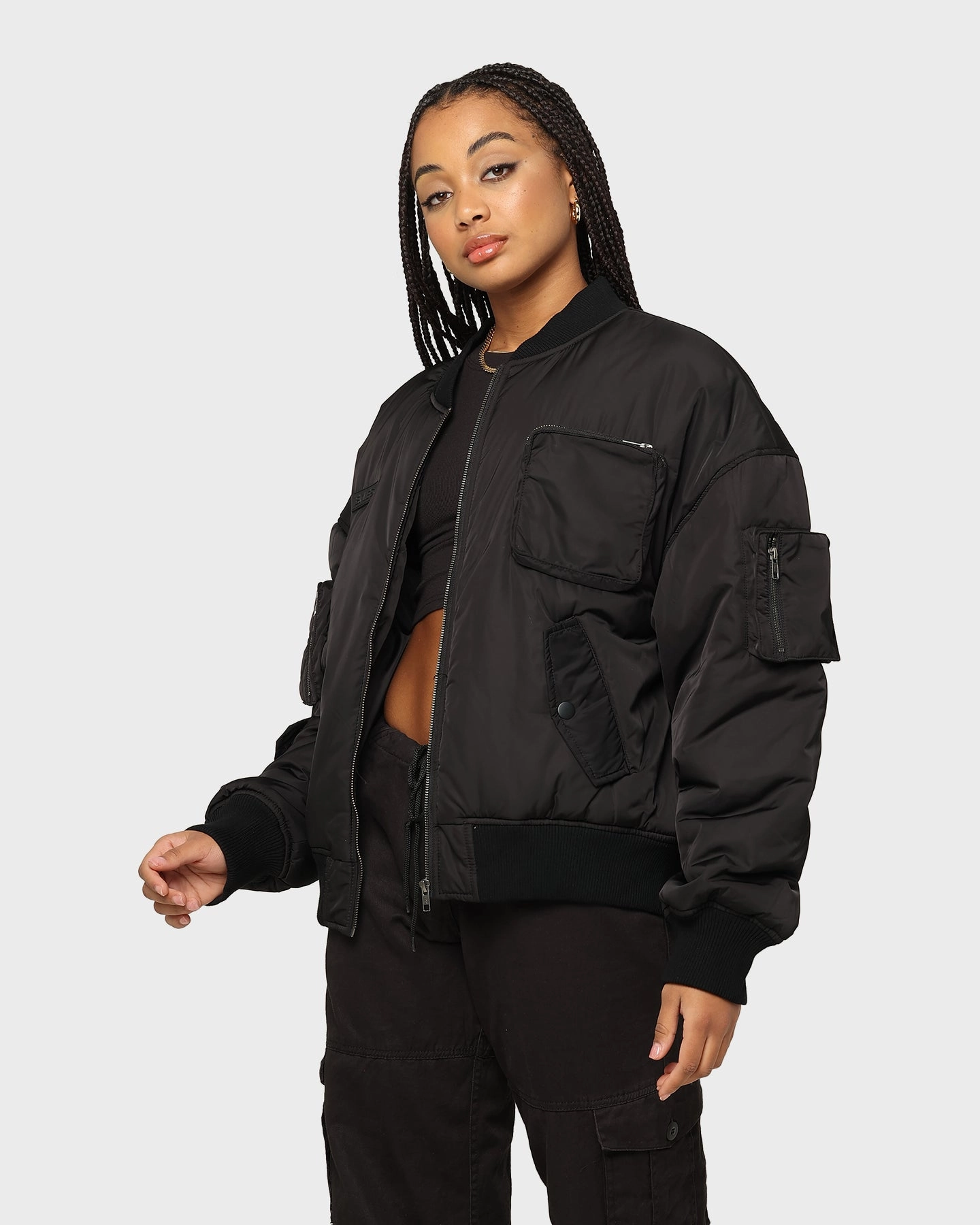 EN ES Flight Bomber Jacket Black Adjustable Wear Noise Free Movement