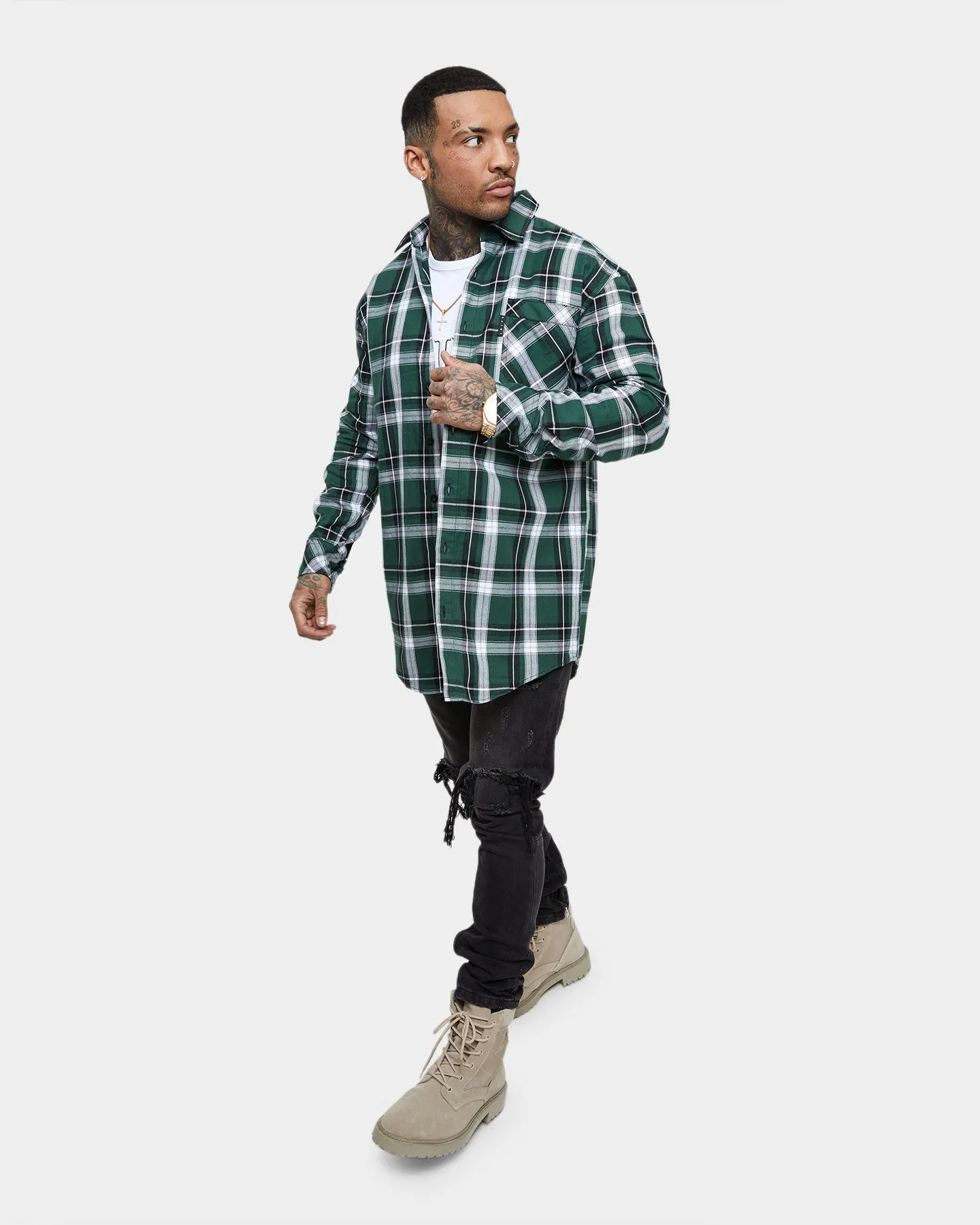 Saint Morta Prima Long Sleeve Flannel Shirt Dark Green/Black beach bonfire