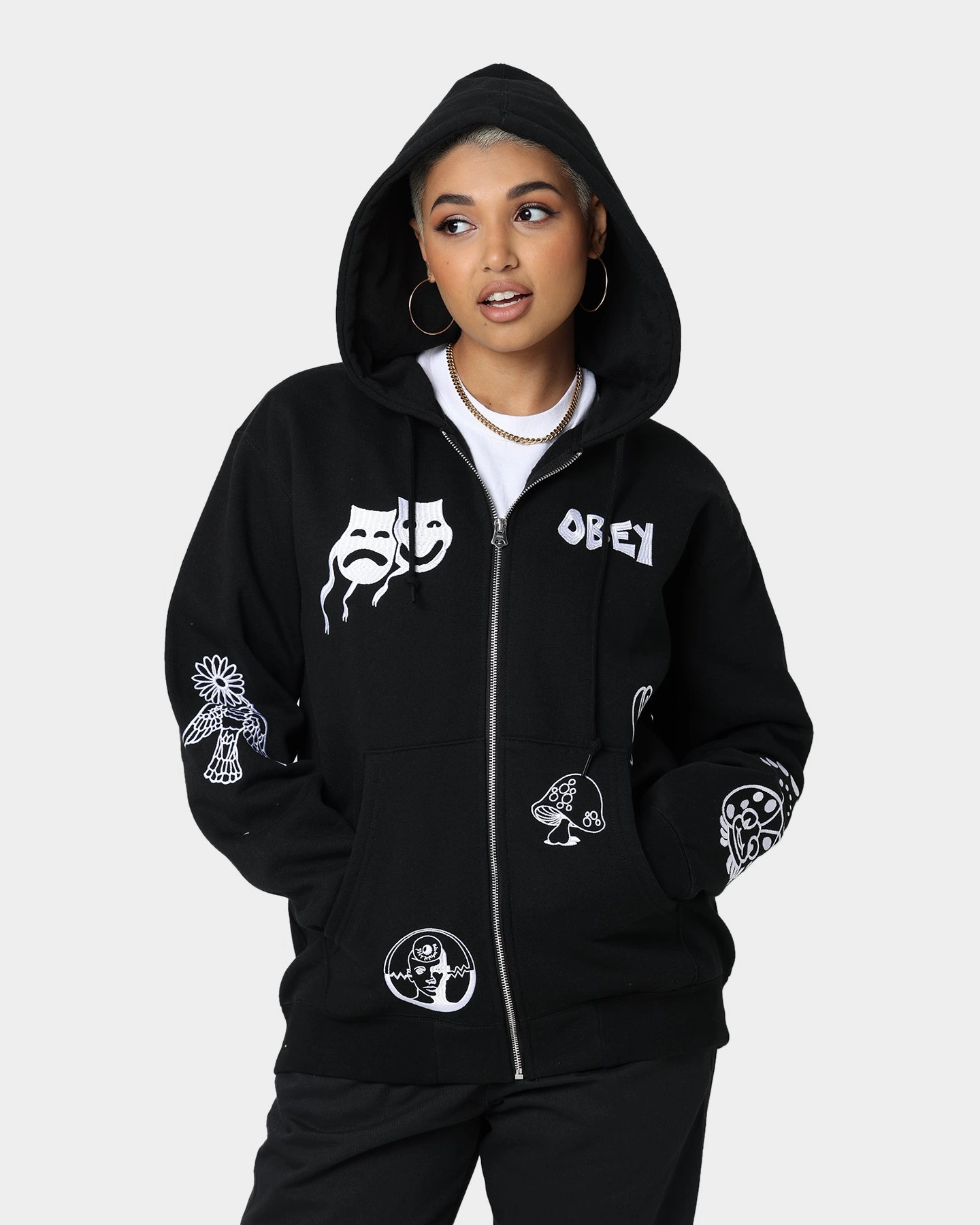 Obey Flash Zip Hoodie Black detachable sleeves Lightweight Warmth
