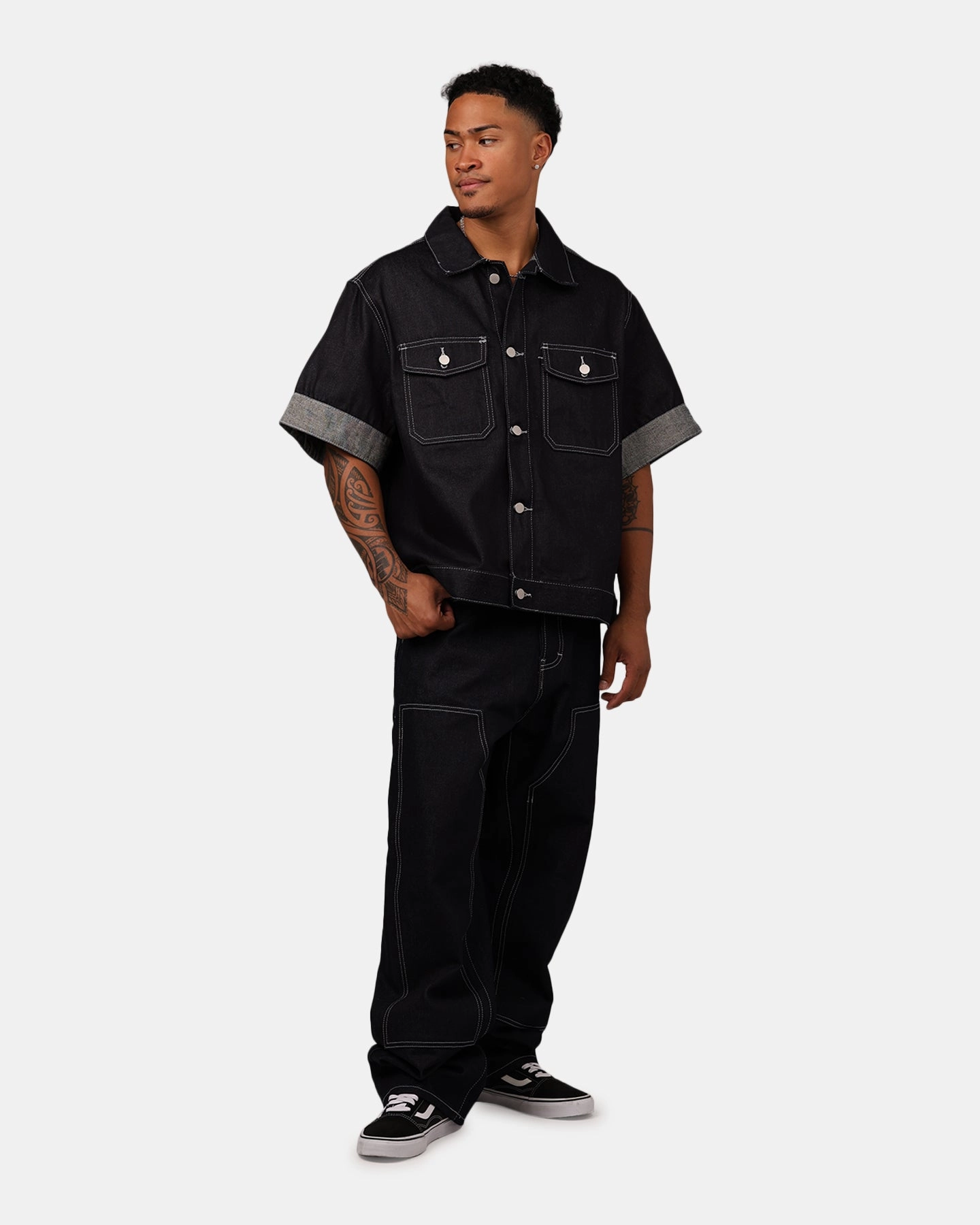 Durable Zippers Men's MNML Raw Denim Short Sleeve Jacket Blue