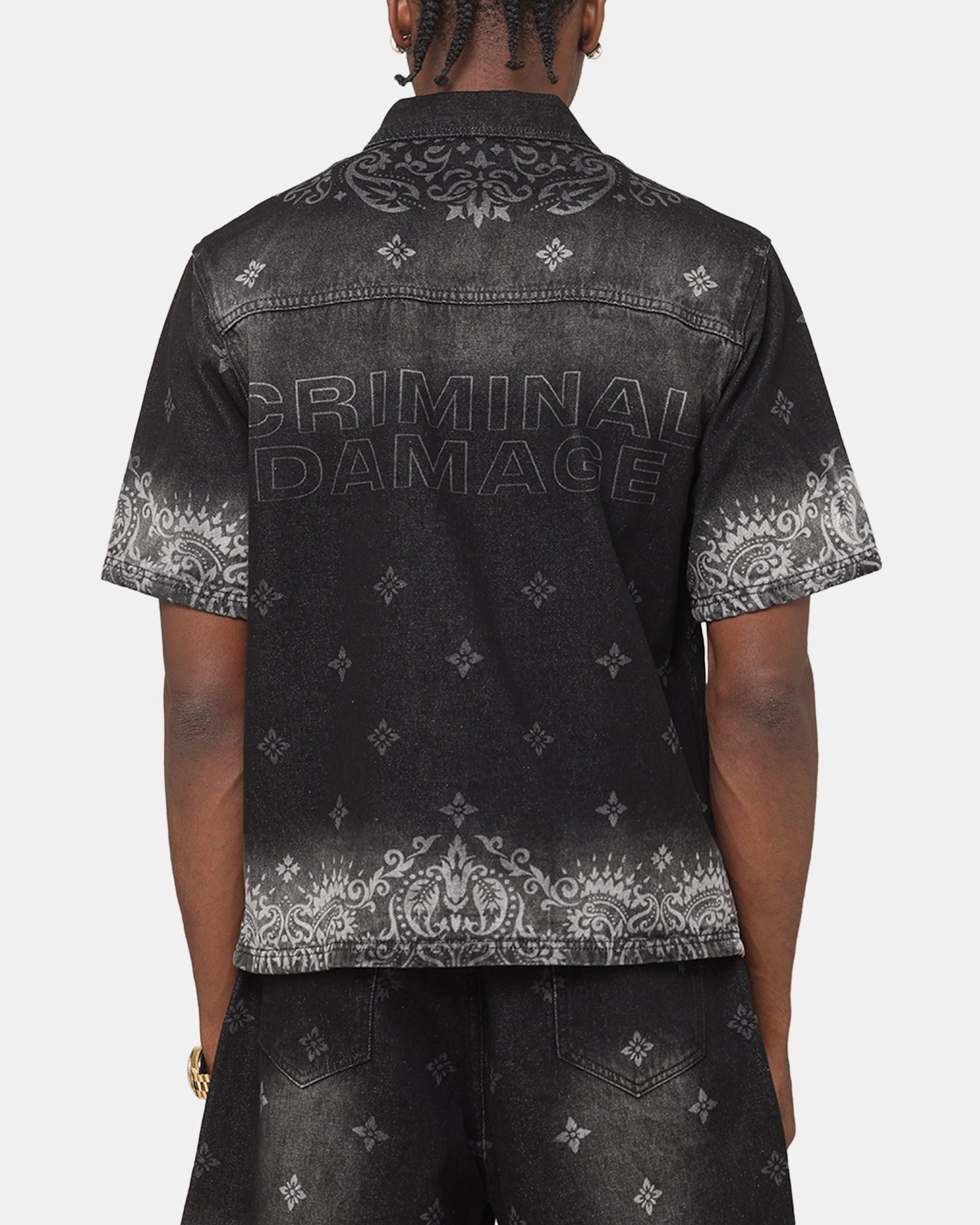 Hiking Gear Tall friendly Criminal Damage Laser Print Denim Button Up Shirt Washed Black