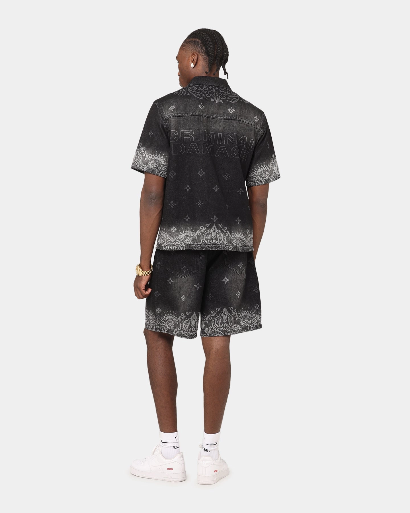 Criminal Damage Laser Print Denim Button Up Shirt Washed Black Hiking Gear