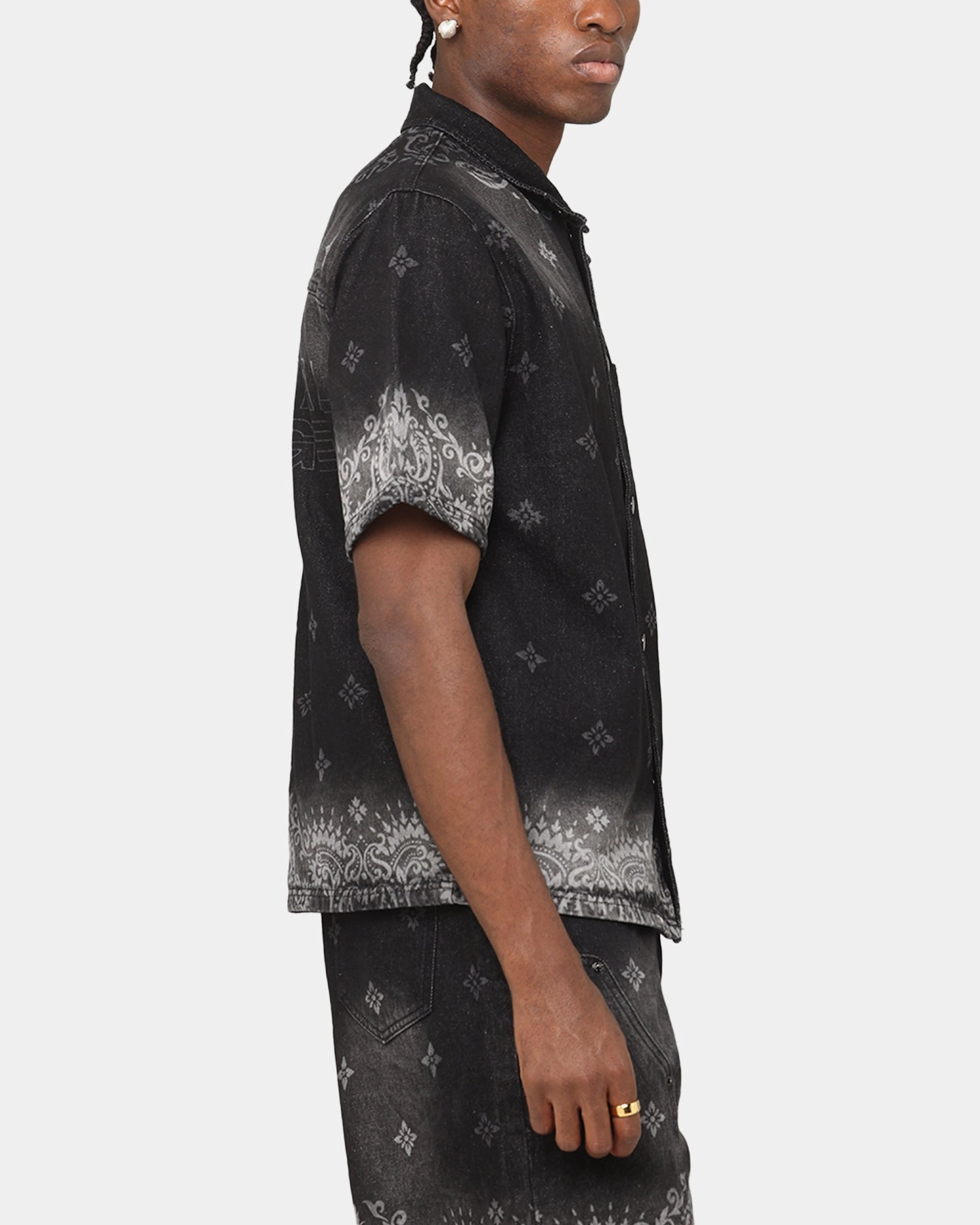 Polished Look Bold Statement Criminal Damage Laser Print Denim Button Up Shirt Washed Black