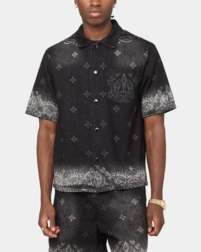 Criminal Damage Laser Print Denim Button Up Shirt Washed Black Snug feel vacation wear