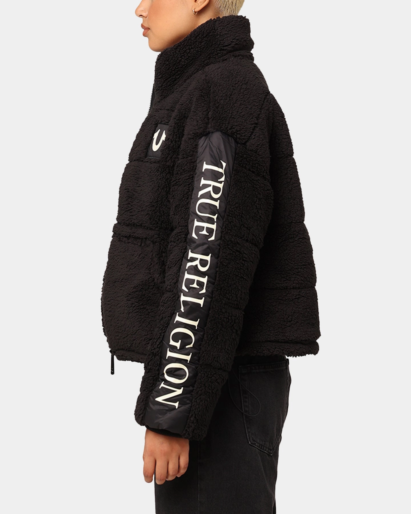 True Religion Women's Panelled Puffer Jacket Jet Black Heritage short sleeved