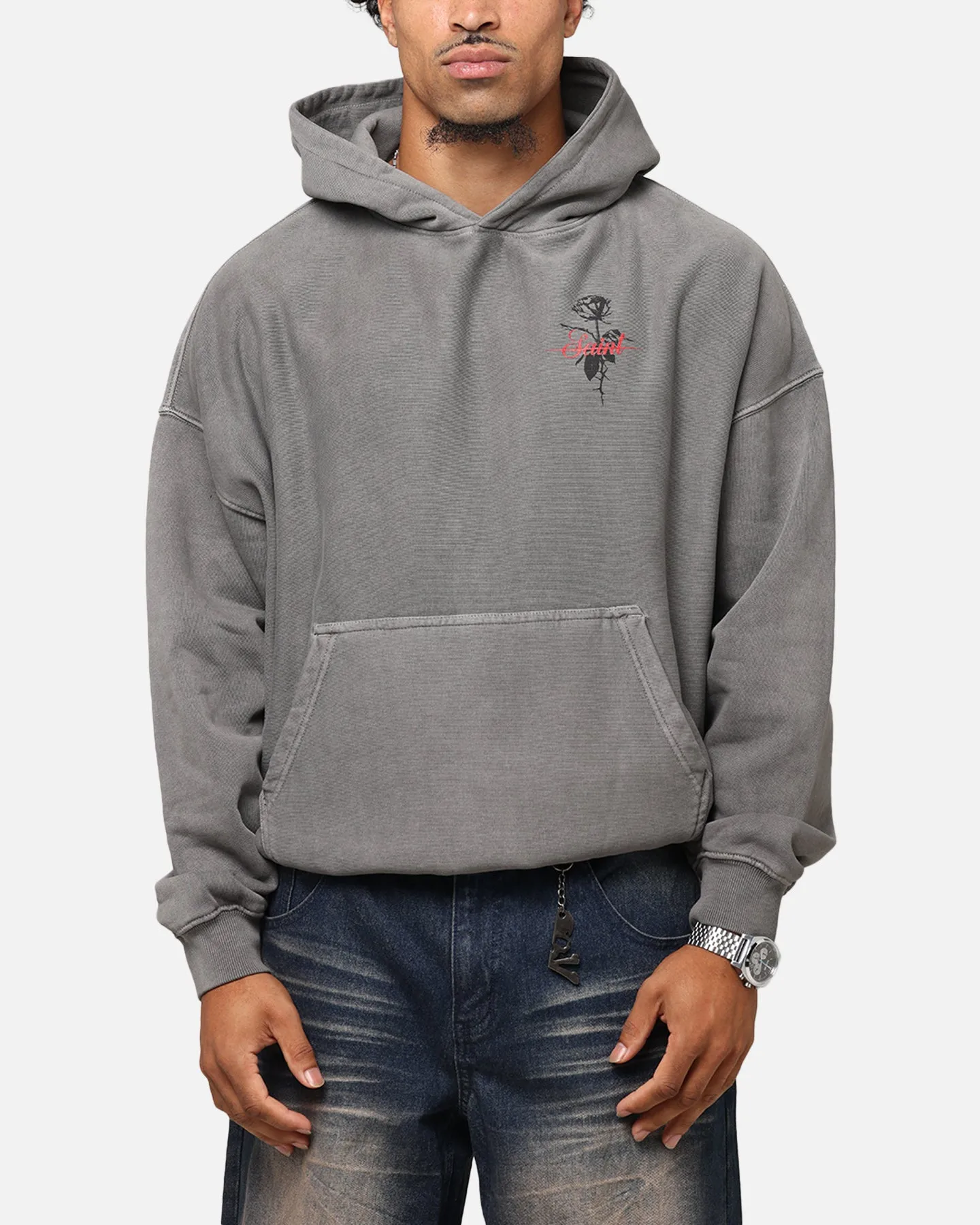 Saint Morta St Valentines Boxy Hoodie Washed Charcoal waist length Discuss