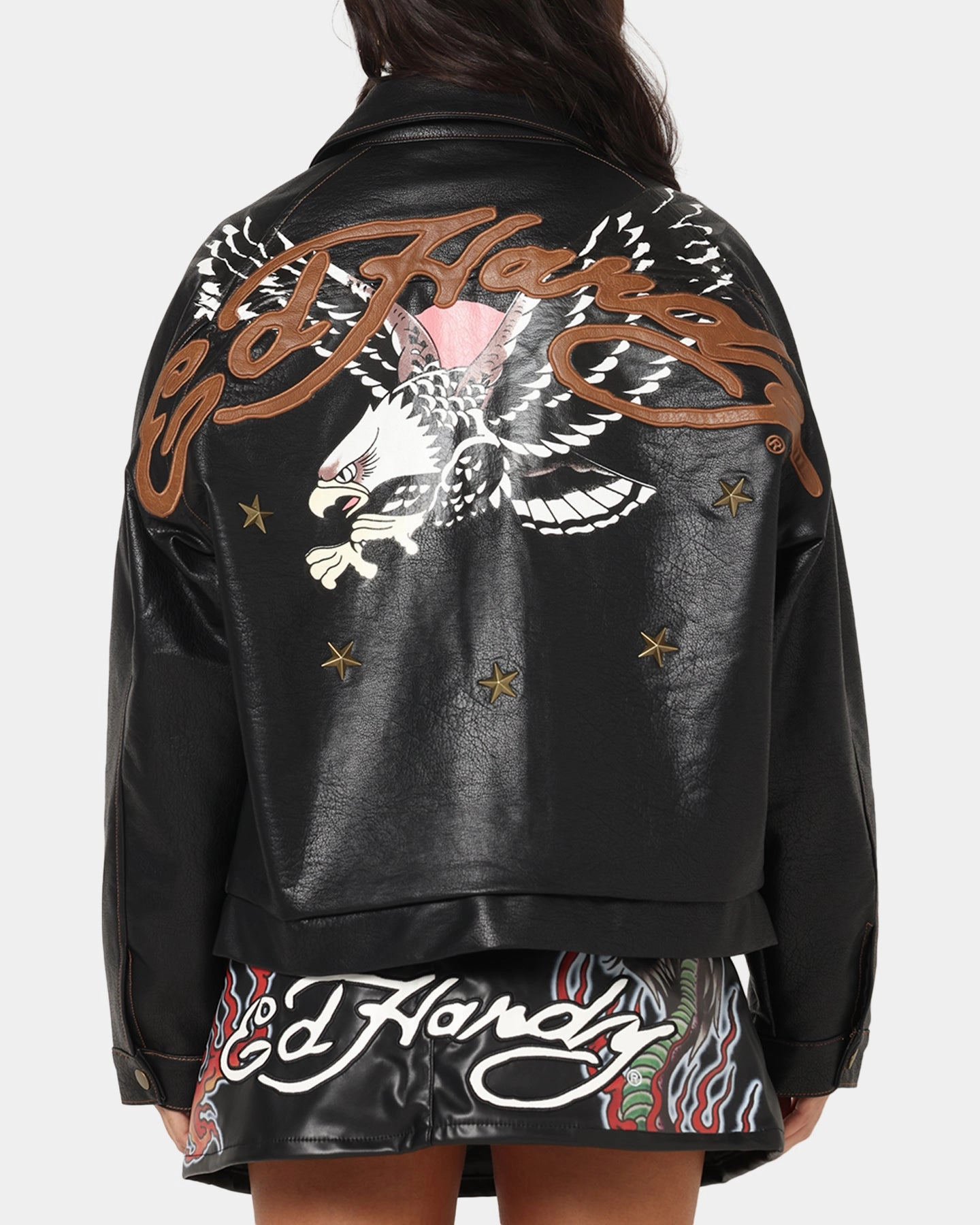 Ed Hardy Women's Vegan Leather Bomber Jacket Black scarf
