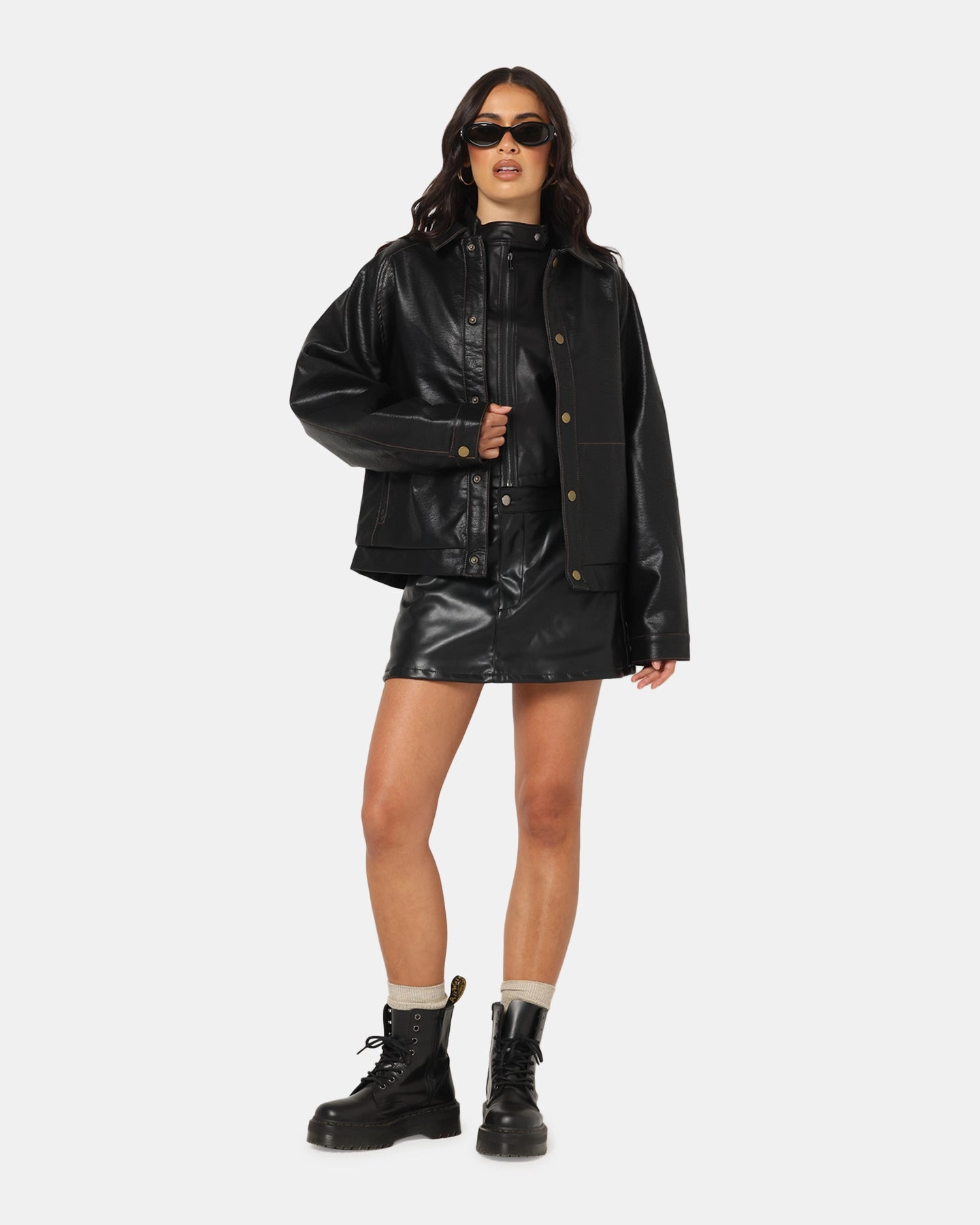 Ed Hardy Women's Vegan Leather Bomber Jacket Black Flexible Shield movement