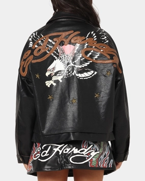 Ed Hardy Women's Vegan Leather Bomber Jacket Black scarf