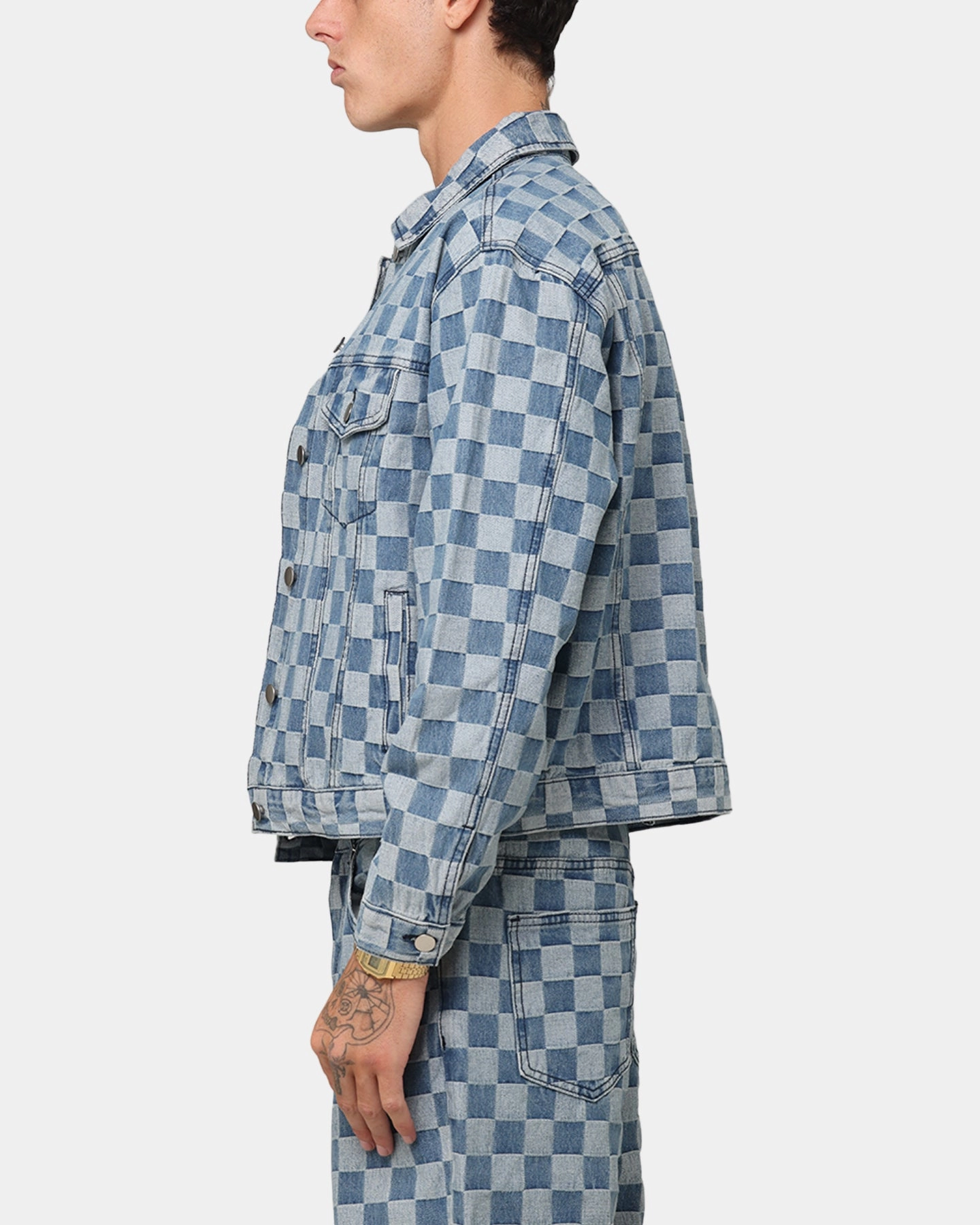 Stain Resistant suitable for product launches XXIII Checker Board Trucker Jacket Blue