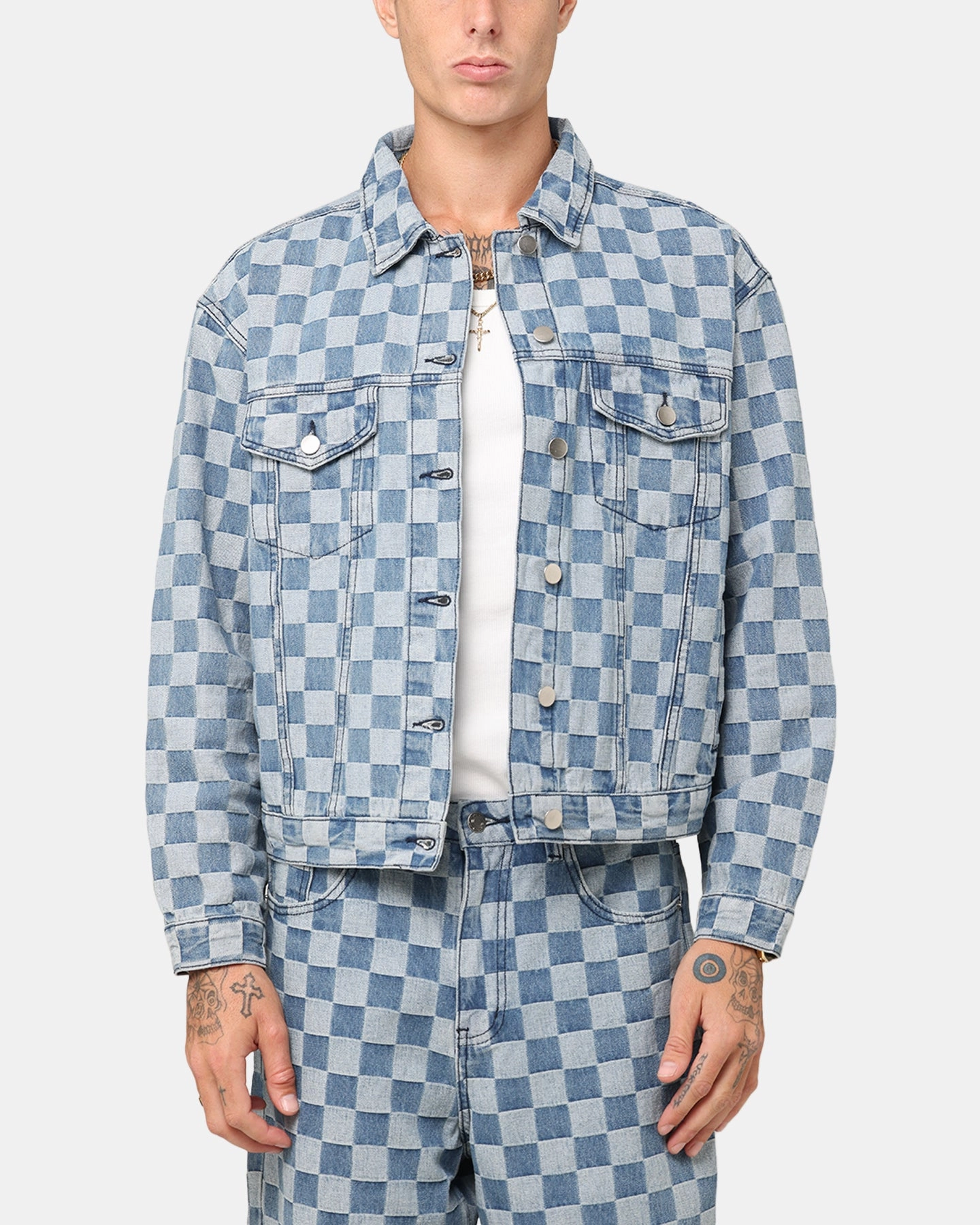 XXIII Checker Board Trucker Jacket Blue Hear