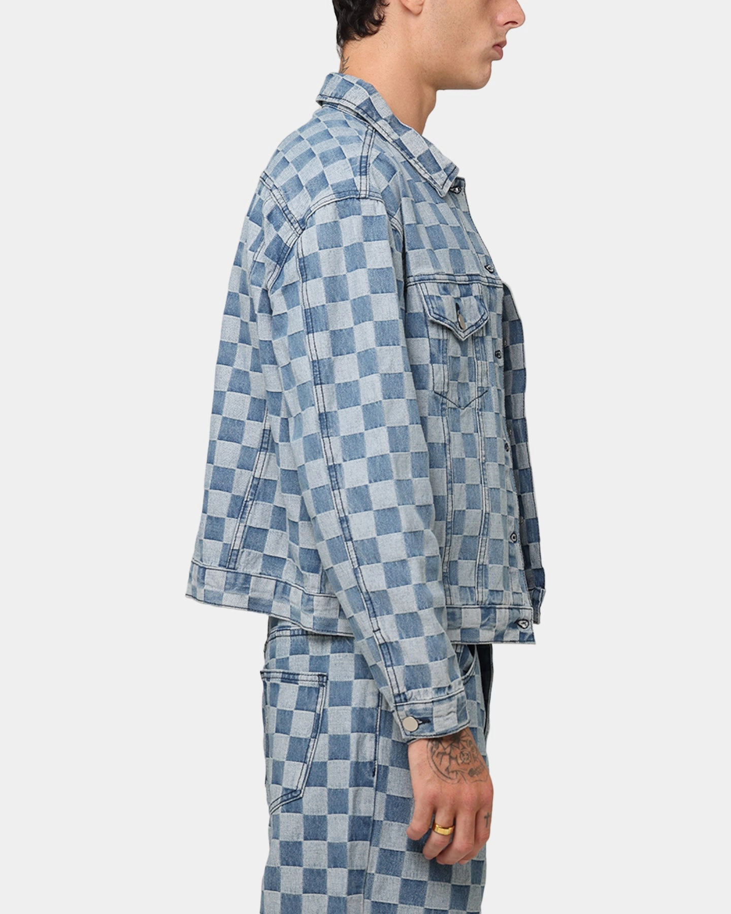 XXIII Checker Board Trucker Jacket Blue Jog Green