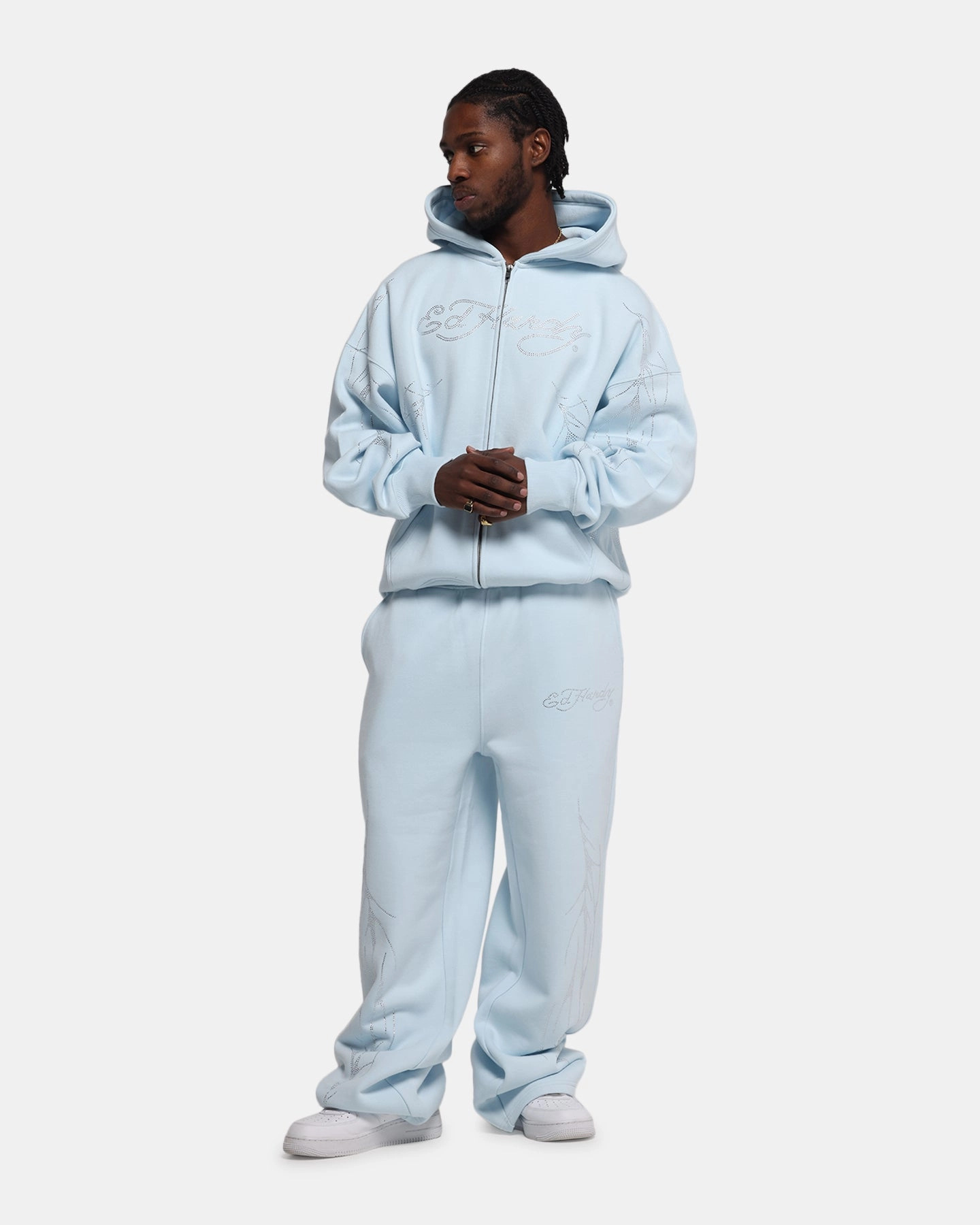 Ed Hardy Cyber Rhinestone Zip-Up Hoodie Light Blue Flexible Hem baristas