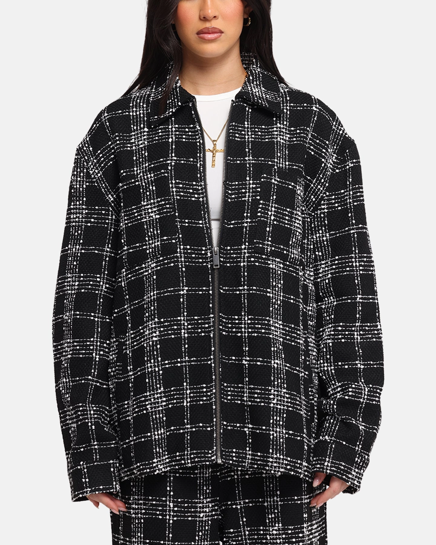 XXIII Boucle Tweed Zip Jacket Black/White plus-size YKK Zipper Quality