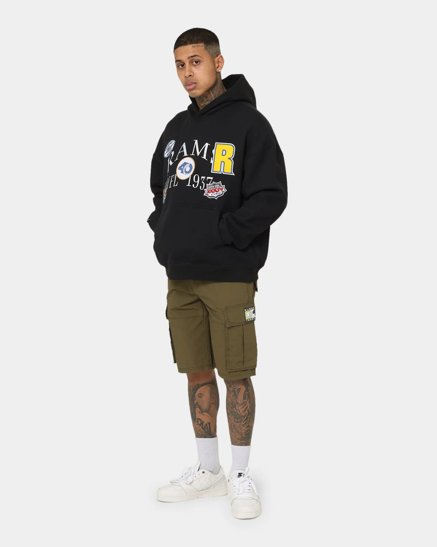 Mitchell & Ness Los Angeles Rams Touchline Hoodie Faded Black Elastic Cuff Mechanism Vanity