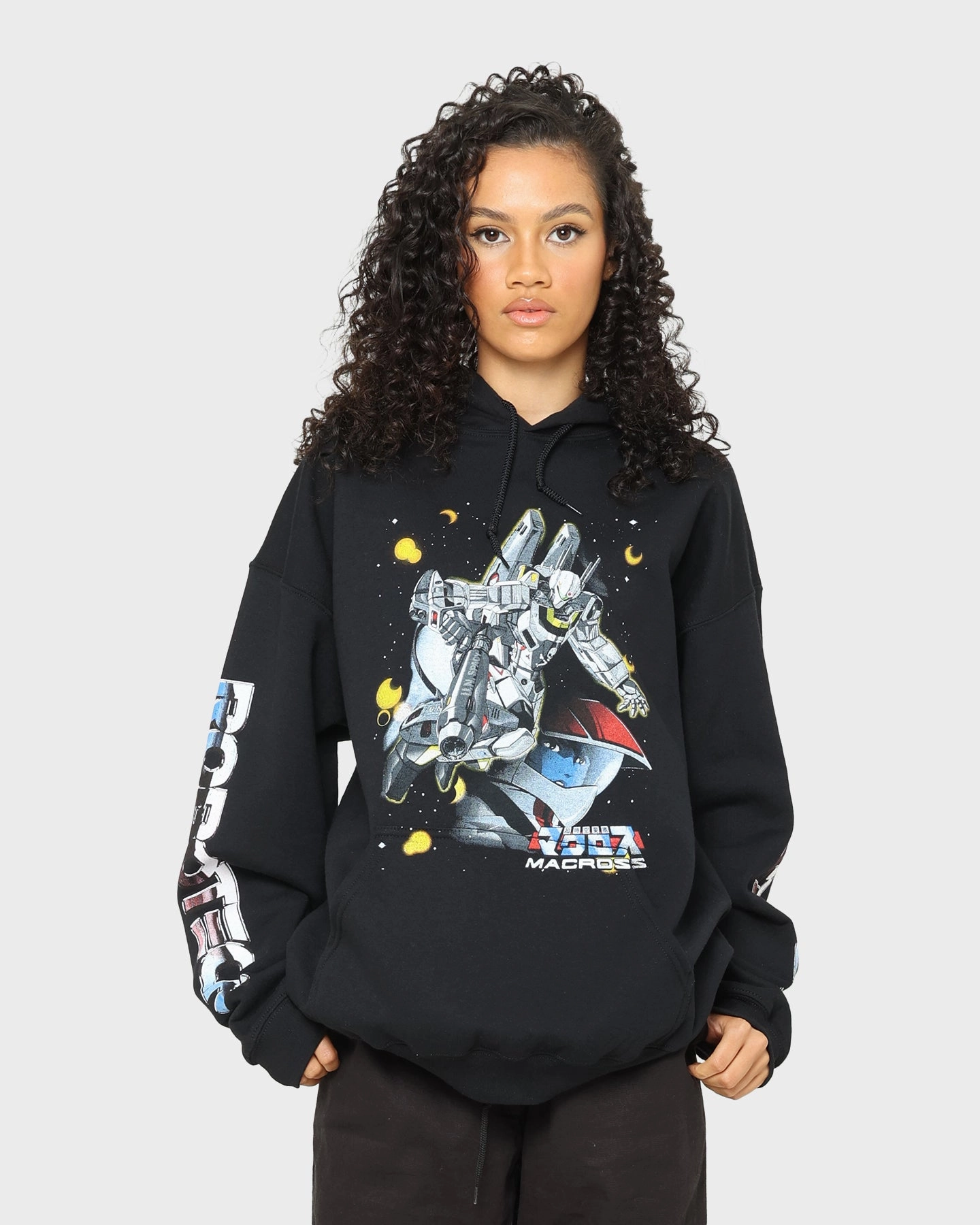 American Thrift X Robotech Macros Saga Hoodie Black Cozy Core Street Style