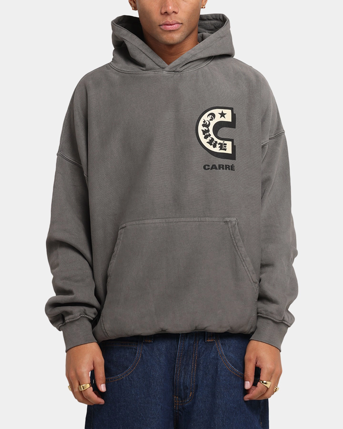 Carre Sacred Letter Hoodie Washed Charcoal Low Impact Processing Signature Piece