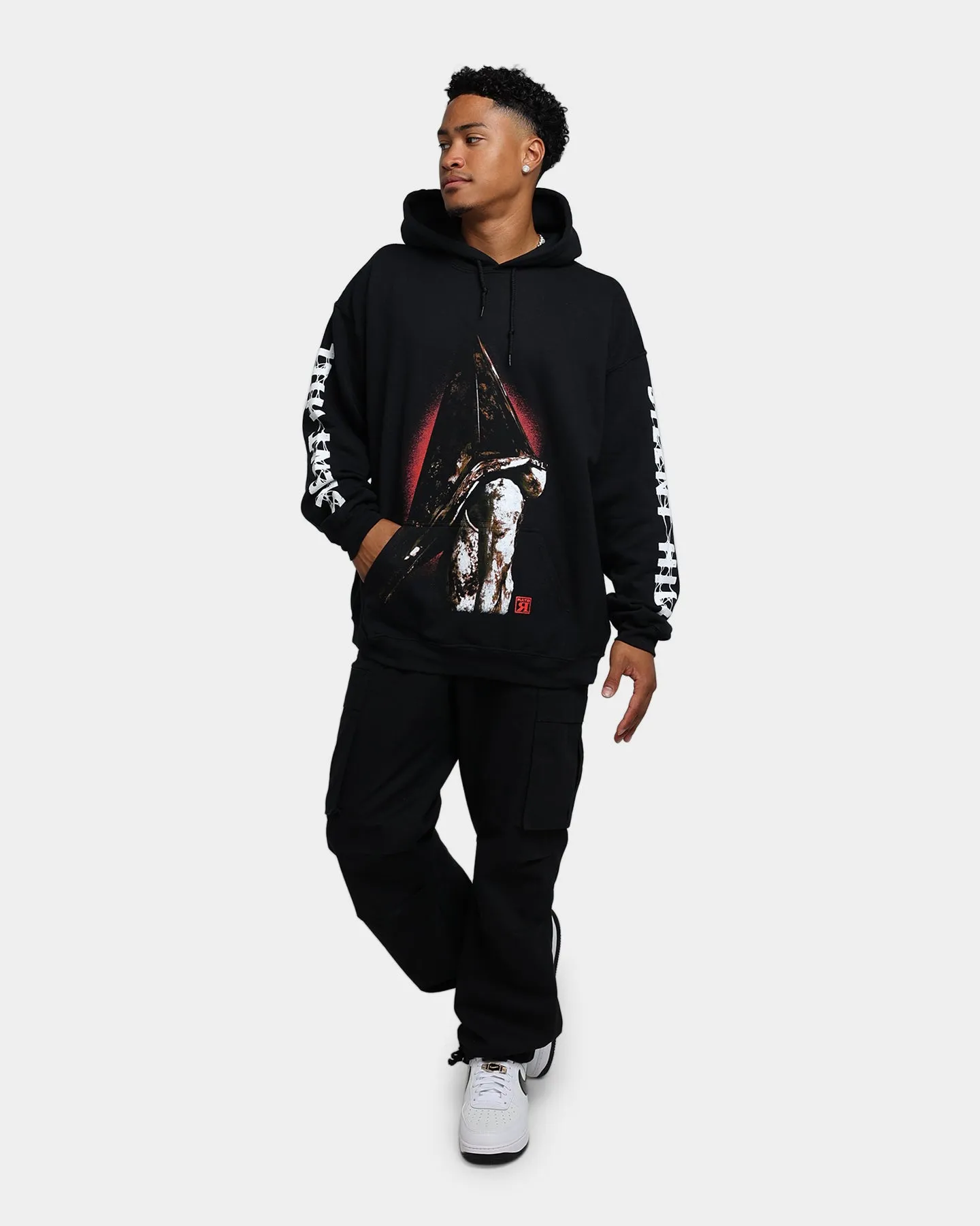 quilted Adjustable Drawstring Hood Rats Get Fat X Silent Hill Pyramid Head Hoodie Black