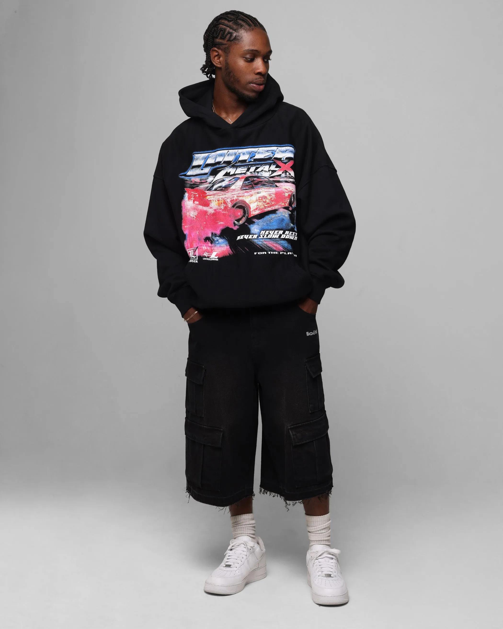 Unstructured Shoulder Cut Loiter Speed Vintage Hoodie Black