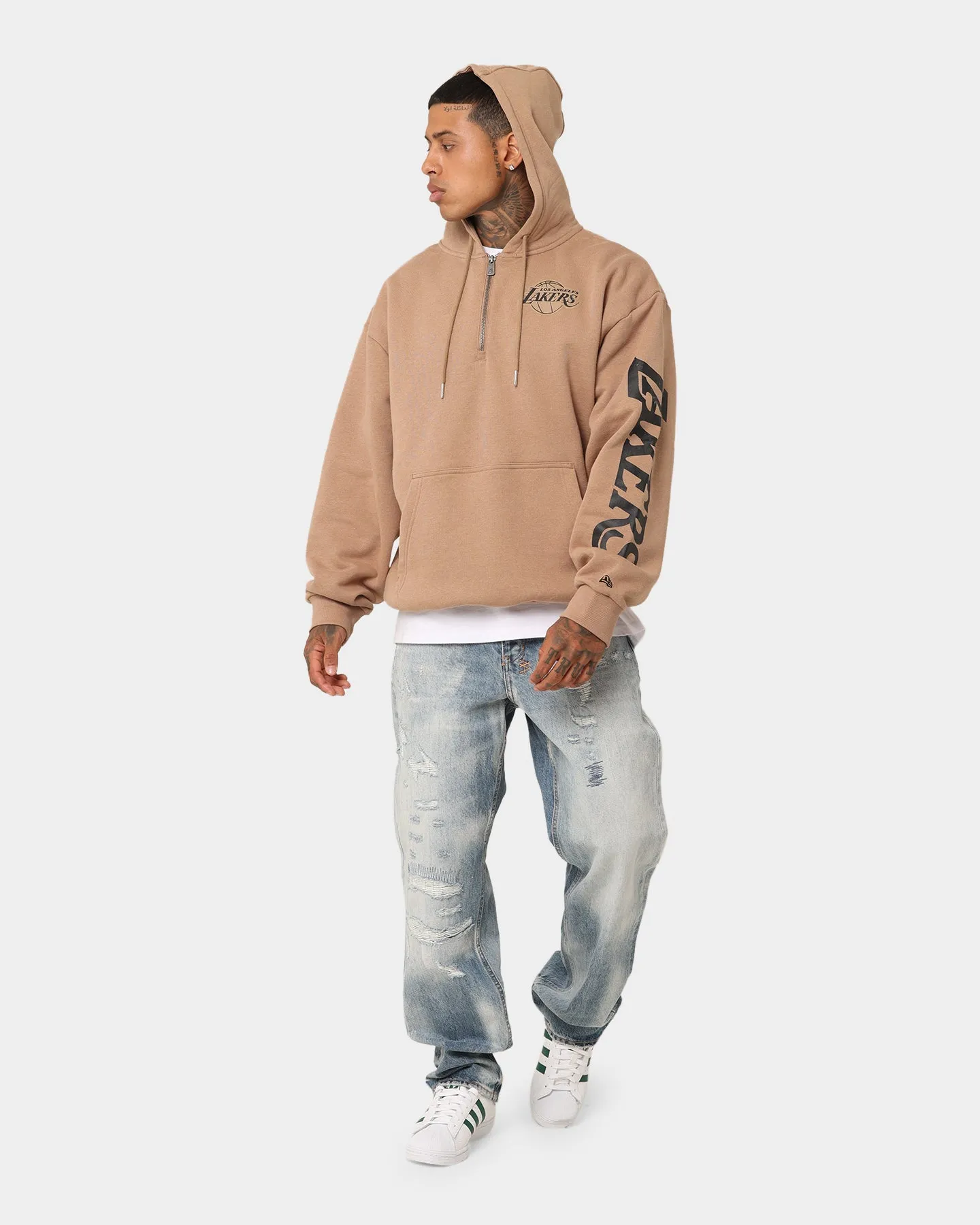 New Era Los Angeles Lakers Quarter Zip Sleeve Script Hoodie Khaki/Black StretchFit Fabric Technology