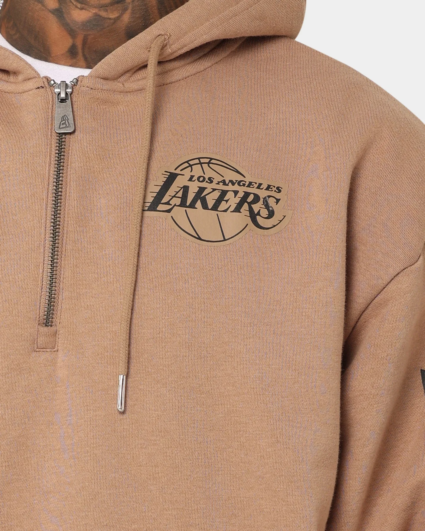 New Era Los Angeles Lakers Quarter Zip Sleeve Script Hoodie Khaki/Black Multi Pocket Patch