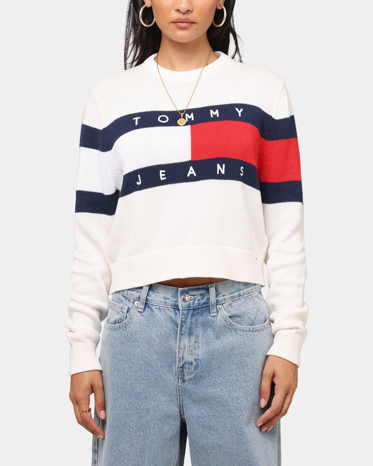 Tommy Jeans Women's Center Flag Sweater Ancient White Knit Layering Classic Design