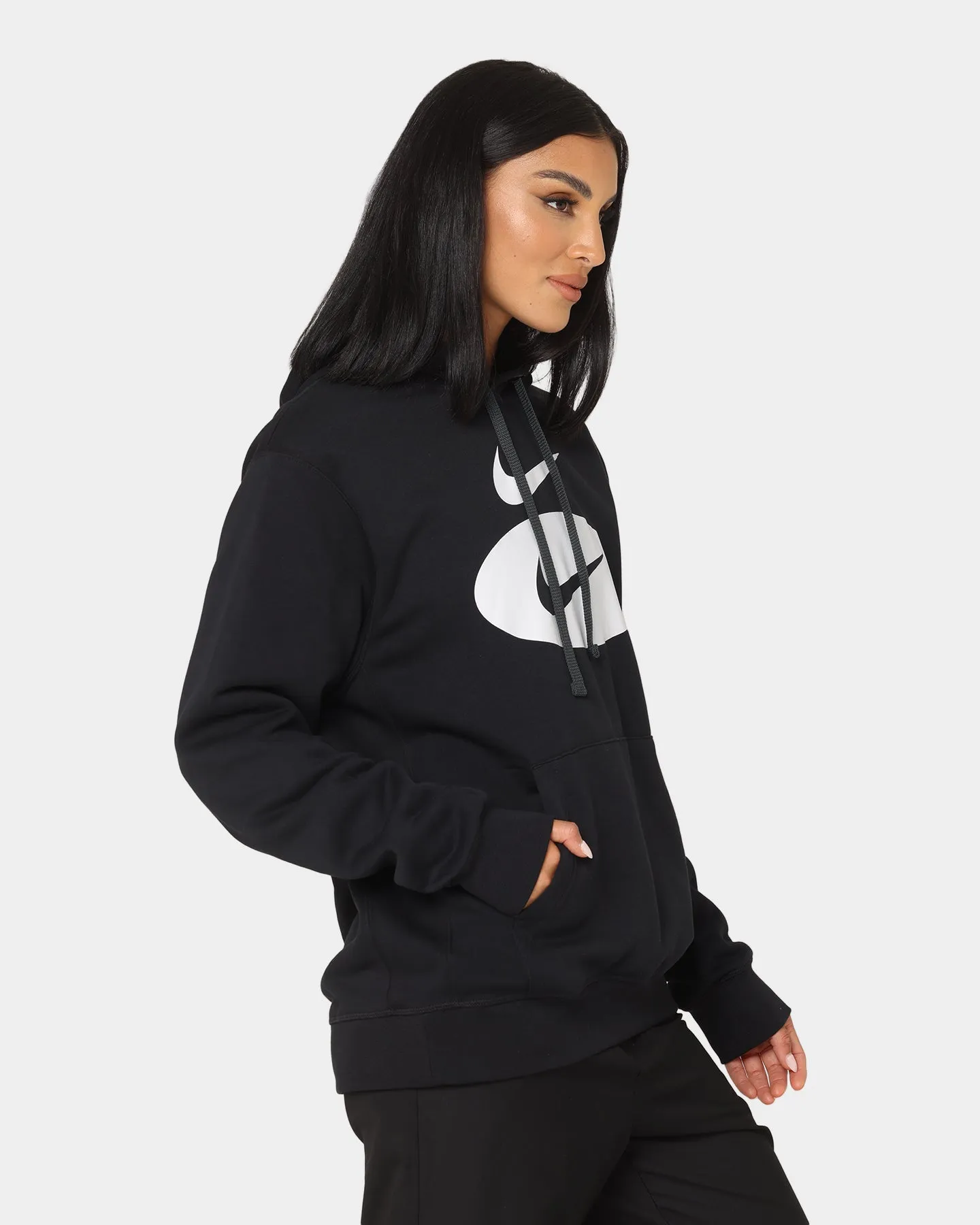 Nike Swoosh League Fleece Pull Over Hoodie Black Trail Style waist length