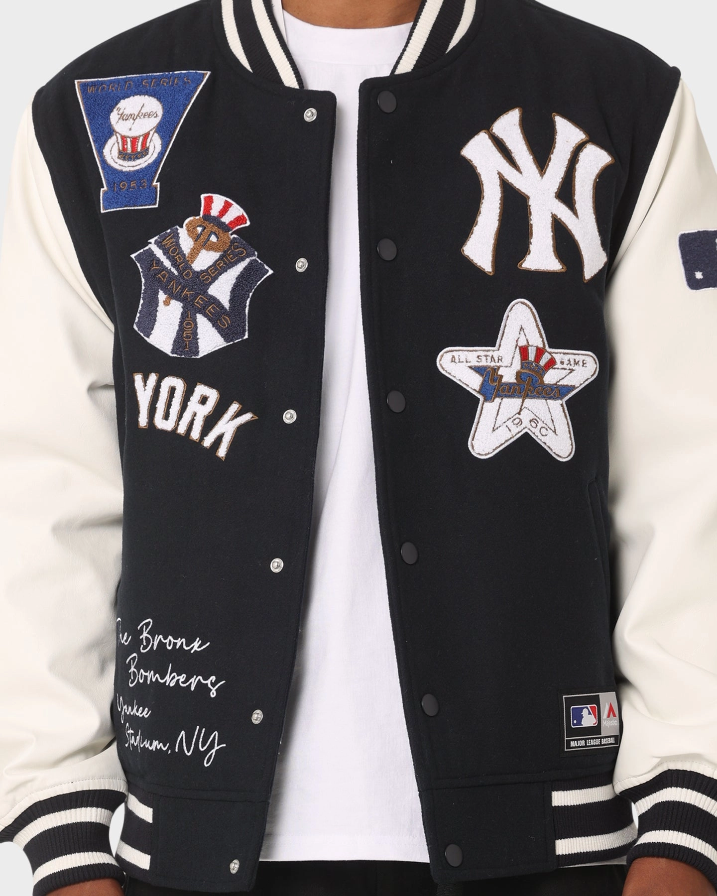 polka dotted Multi Pocket Majestic Athletic New York Yankees Multi Hit Varsity Jacket True Navy