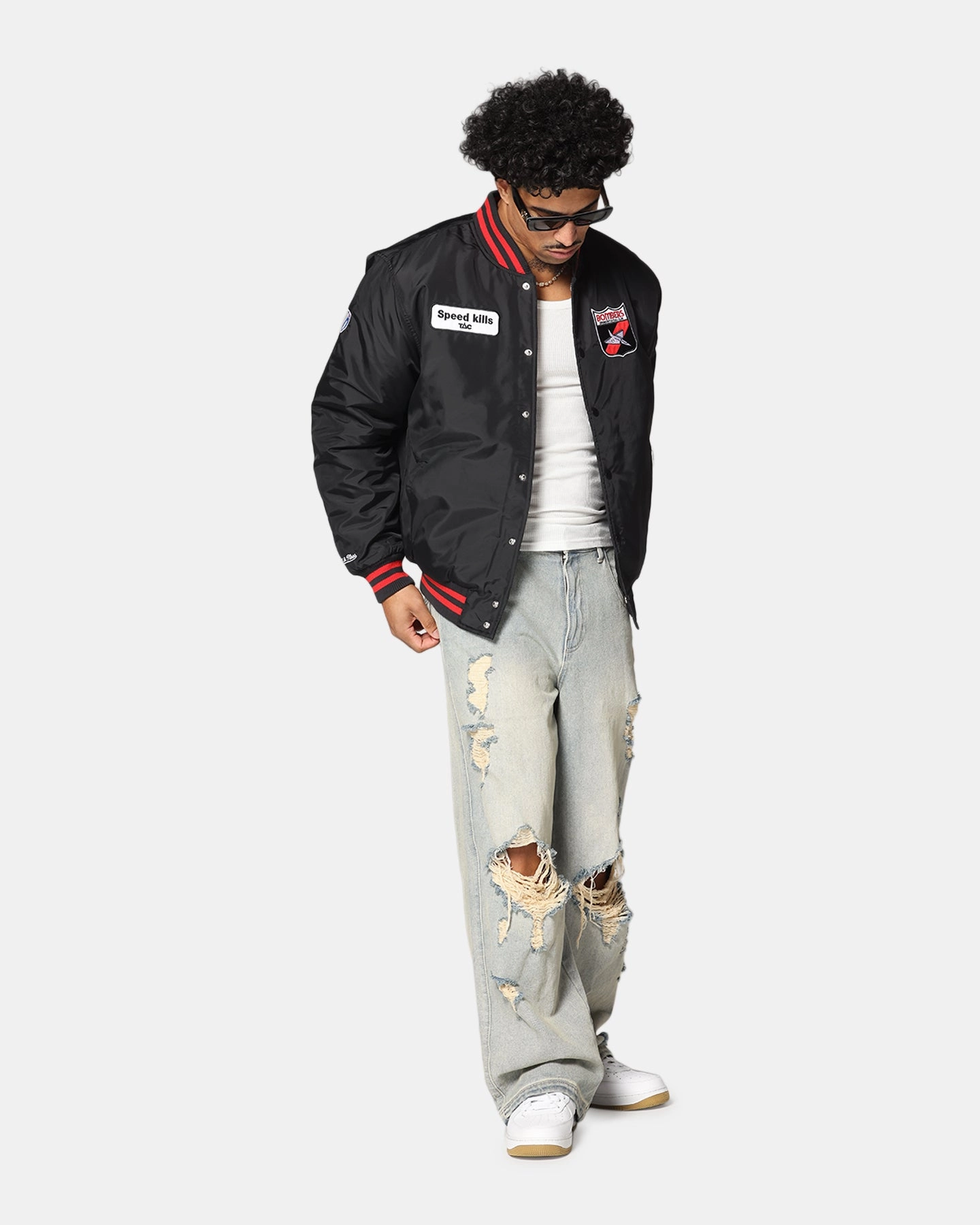 Mitchell & Ness Essendon Bombers Team Bomber Jacket Solid Black Full length Work Ready