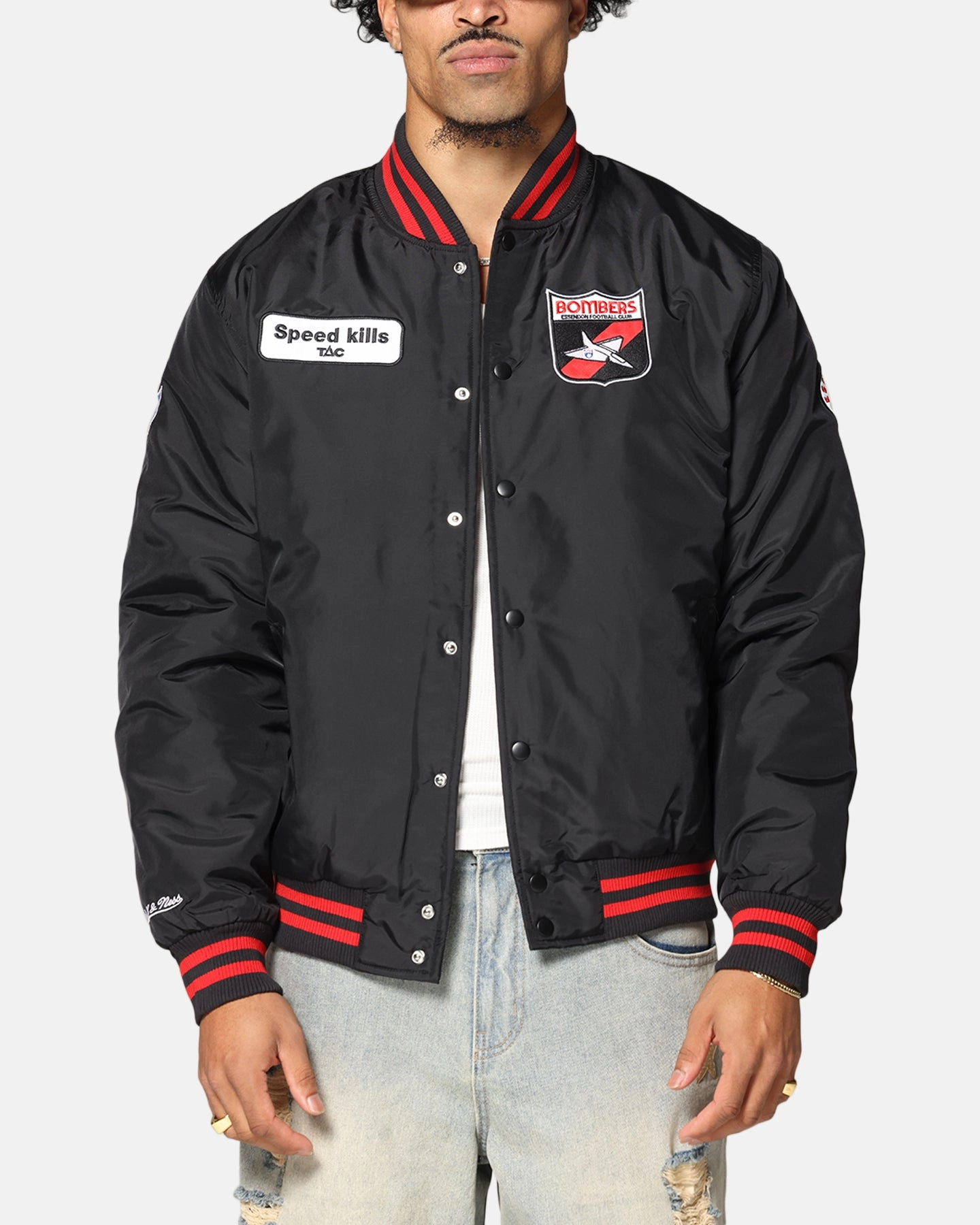 Mitchell & Ness Essendon Bombers Team Bomber Jacket Solid Black mass - produced