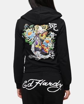 Ed Hardy Women's Flora Zip Hoodie Black Waffle Knit Texture