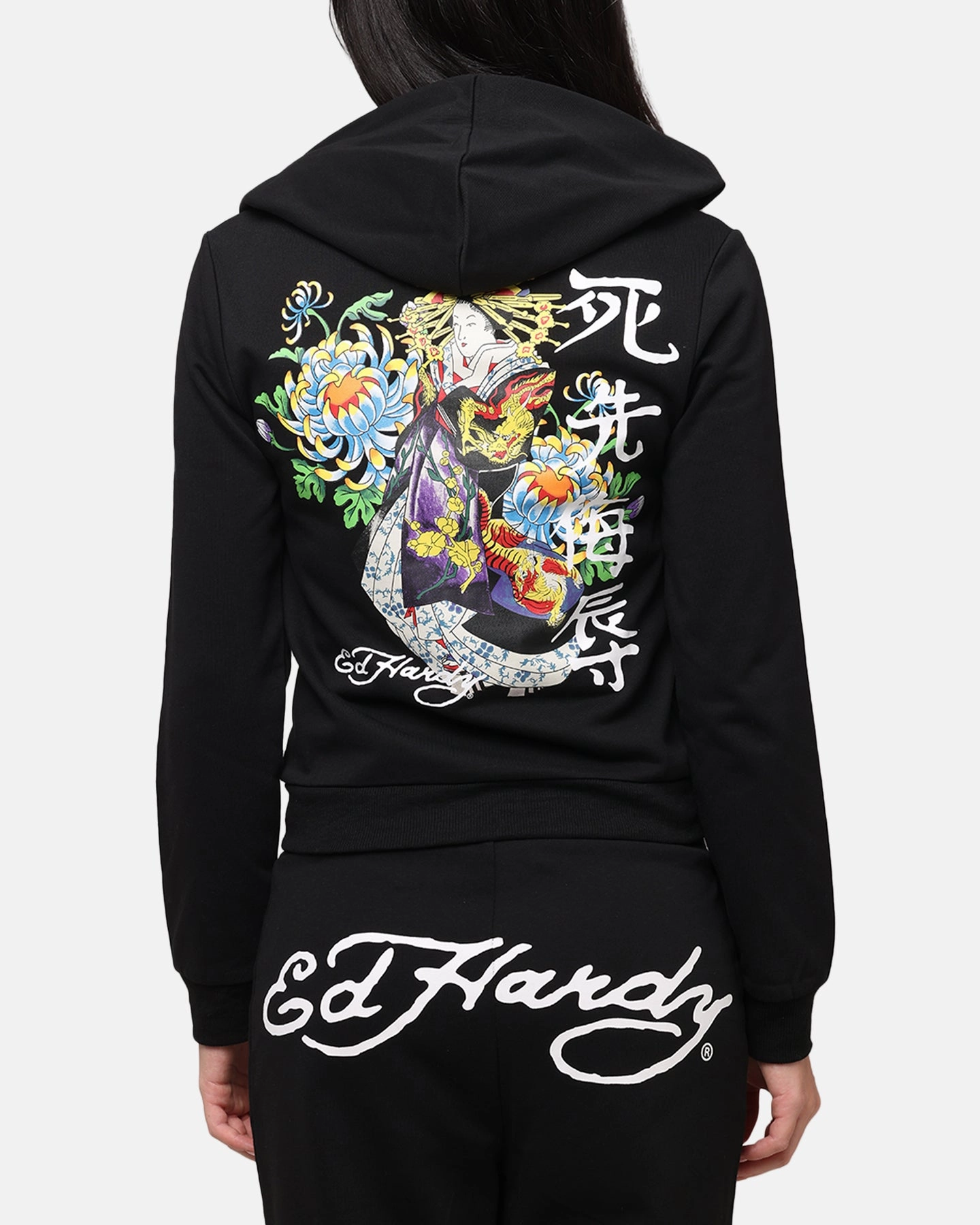 Ed Hardy Women's Flora Zip Hoodie Black Waffle Knit Texture