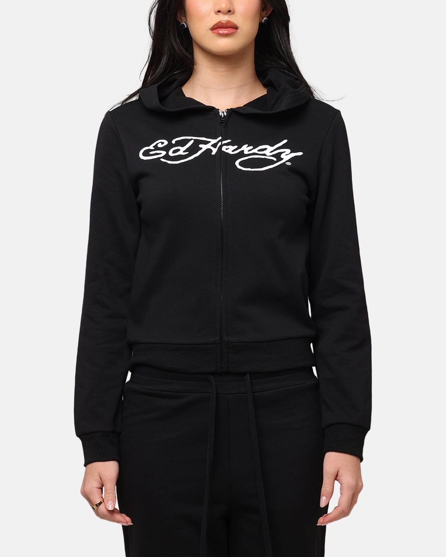 Structured Hood Shape Wrinkle Resistant Ed Hardy Women's Flora Zip Hoodie Black