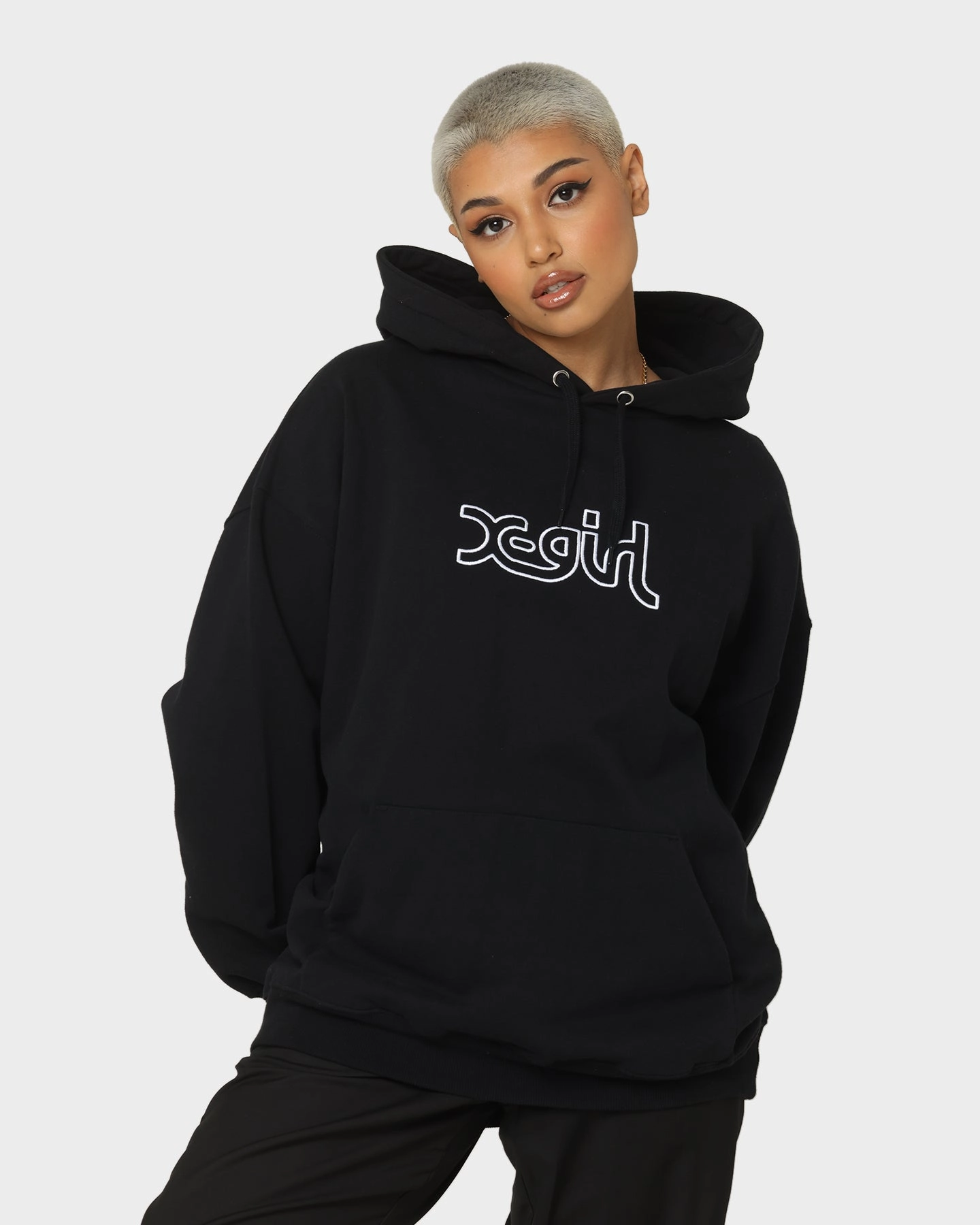 X-Girl Women's Mills Logo Hoodie Black popular in America Light Function