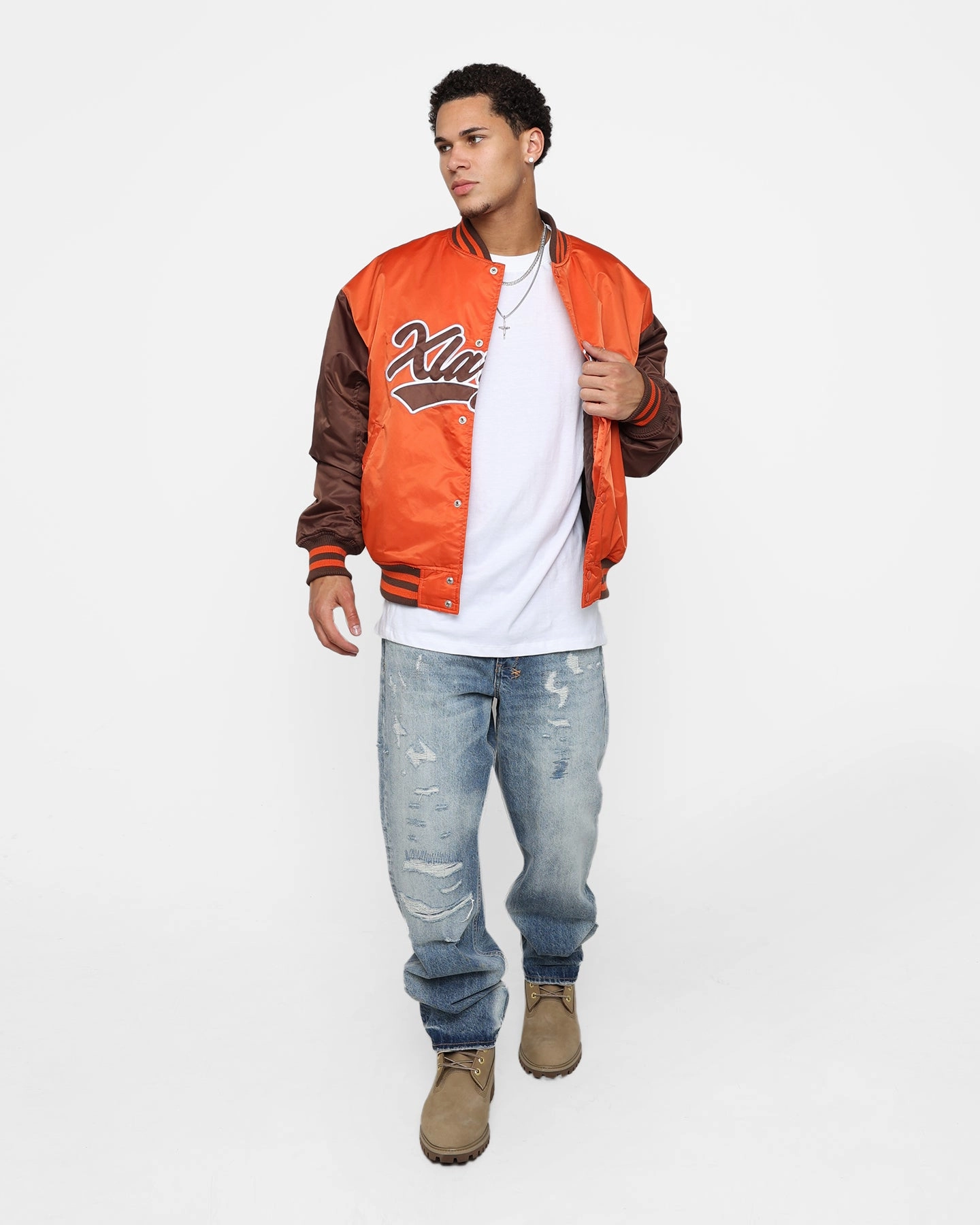 Grid Backlined Interior X-Large Baseball Logo Varsity Jacket Orange