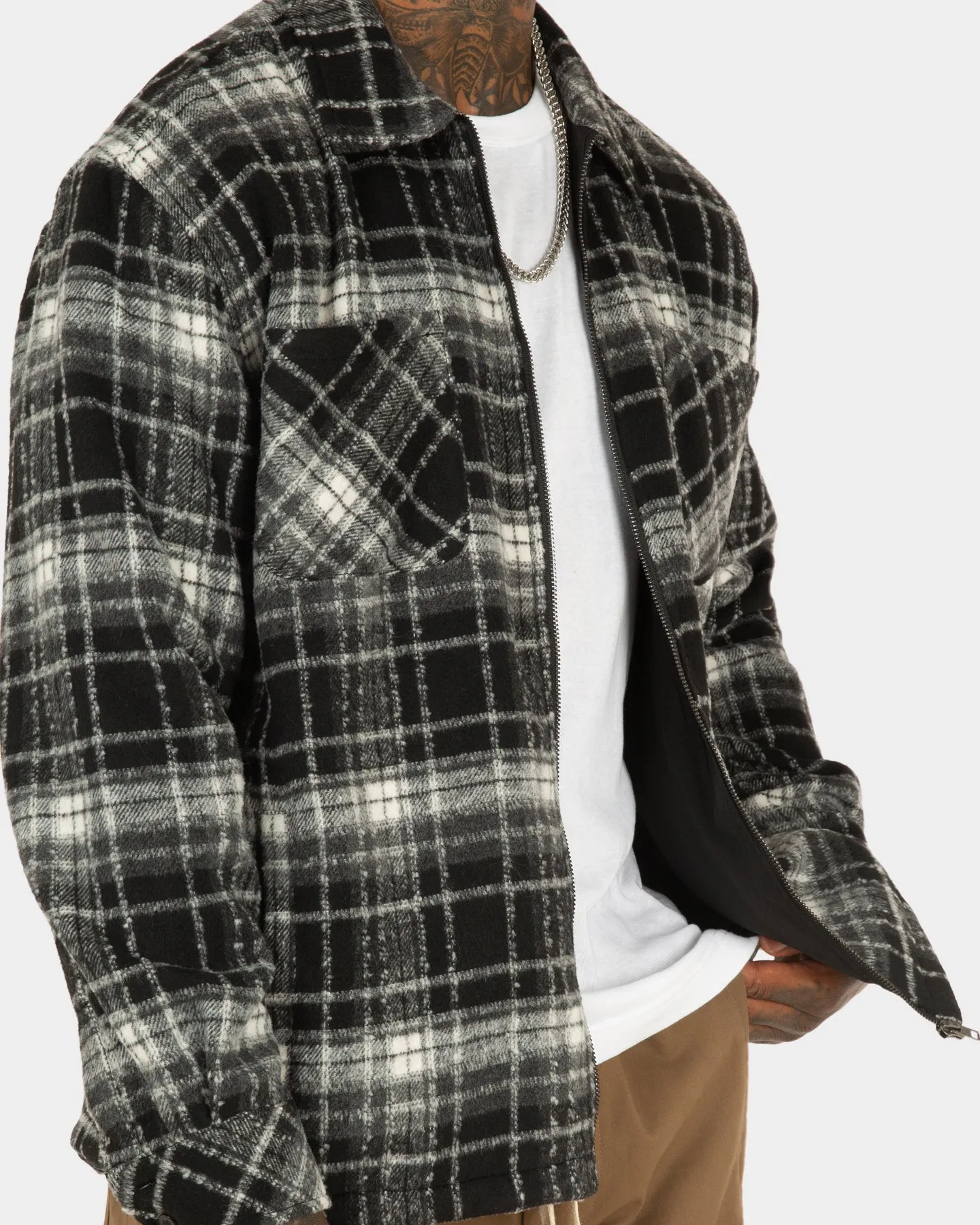 XXIII Vitus Zip Up Flannel Shacket Black/White Softshell Outer Layer Adjustable Hem