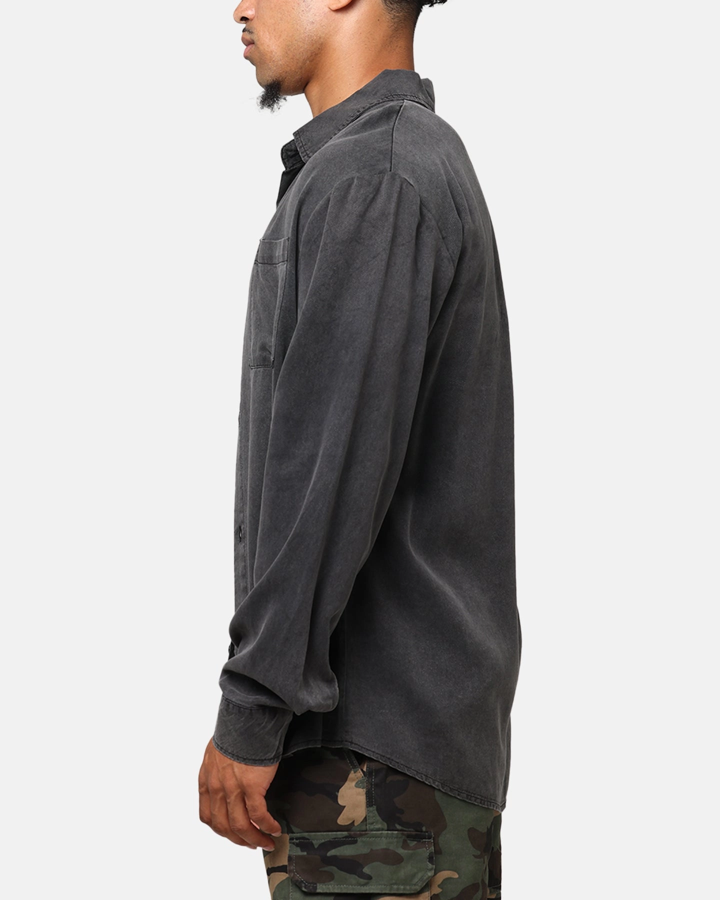 XXIII Acid Wash Button Up Over Shirt Washed Black Ethical production No Slip Shoulder Grip
