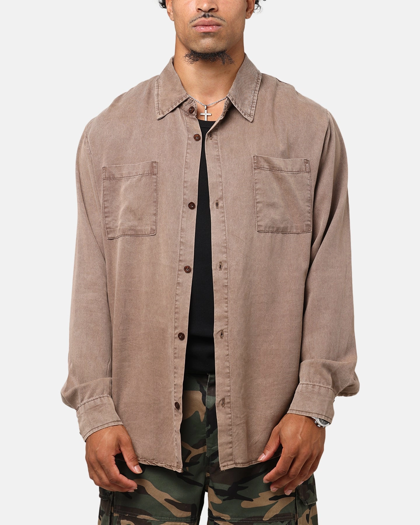 Gym Appropriate Flexible Shoulder Panels XXIII Acid Wash Button Up Over Shirt Washed Brown
