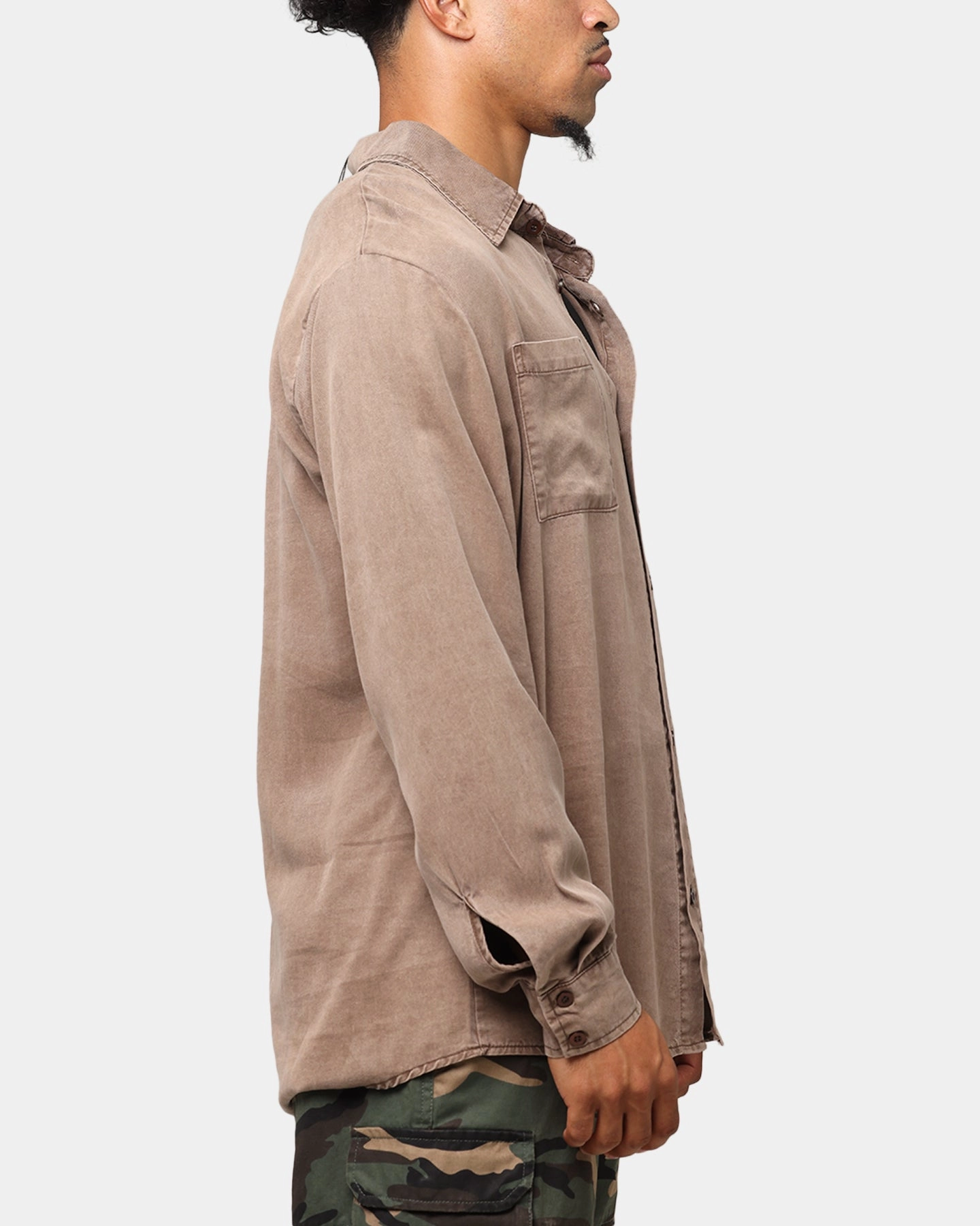 XXIII Acid Wash Button Up Over Shirt Washed Brown Non Chafe Seams Anti Static Lining