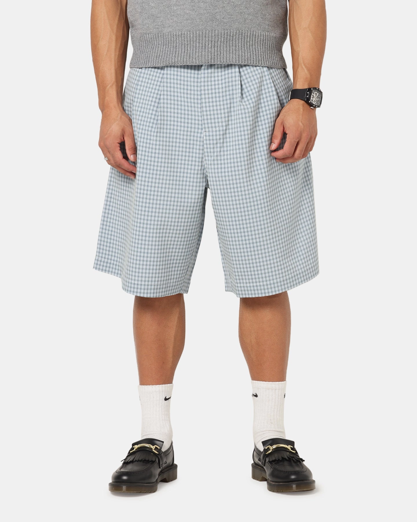 XXIII Baggy Pleated Shorts Blue Check Flat Lock Seams