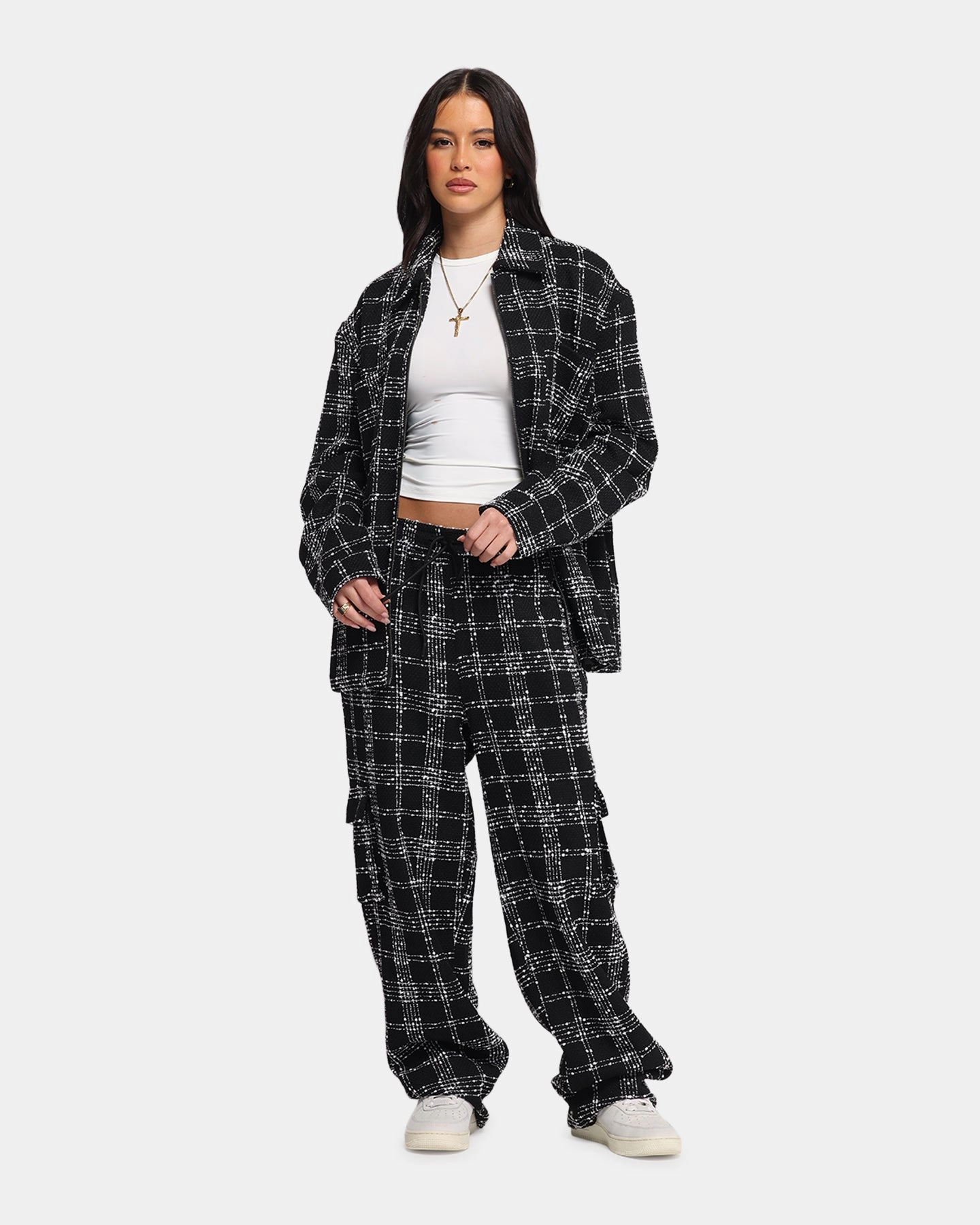 XXIII Boucle Tweed Cargo Pants Black/White Flexible Knees