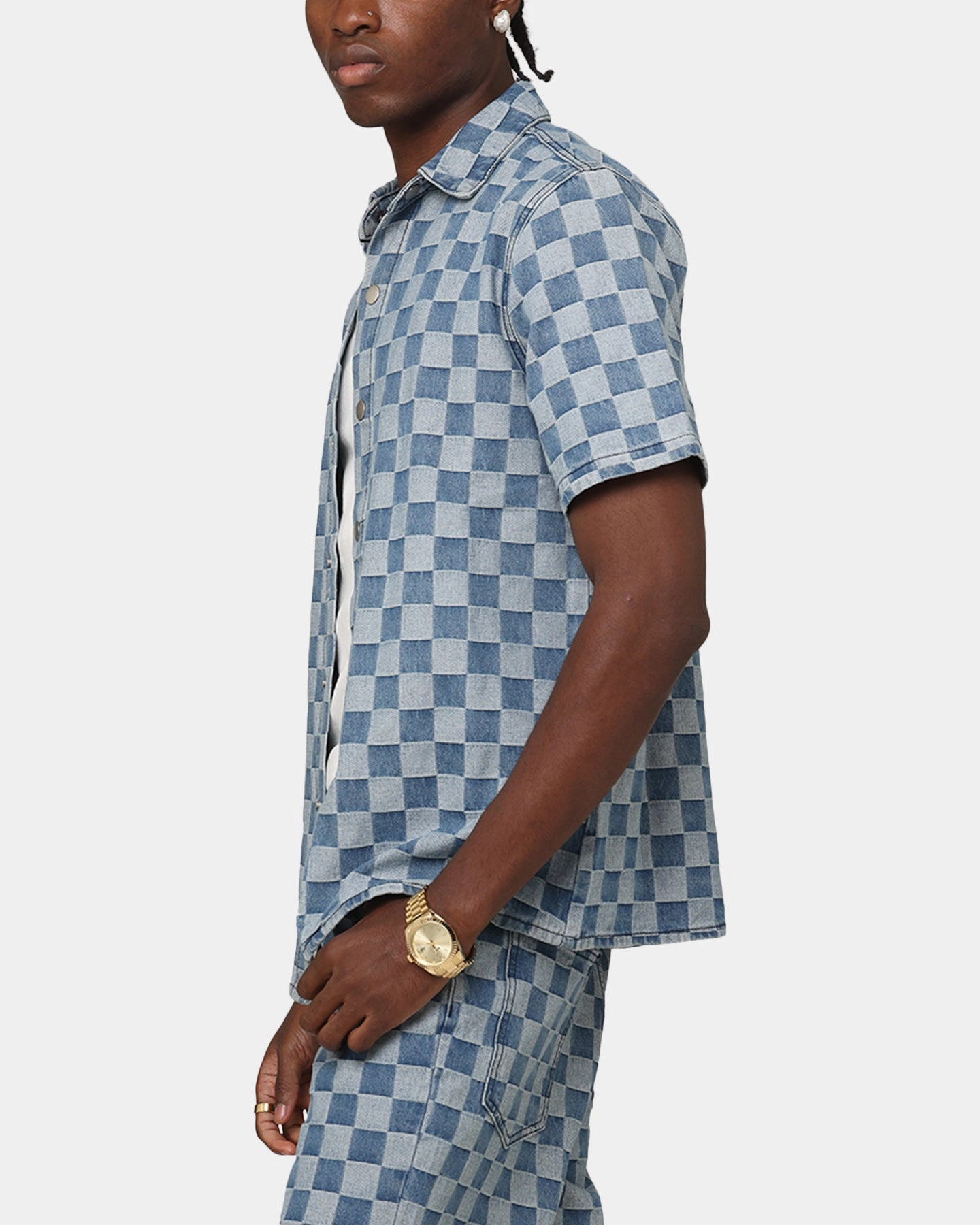 Sheer Panel XXIII Checker Board Button Up Shirt Blue
