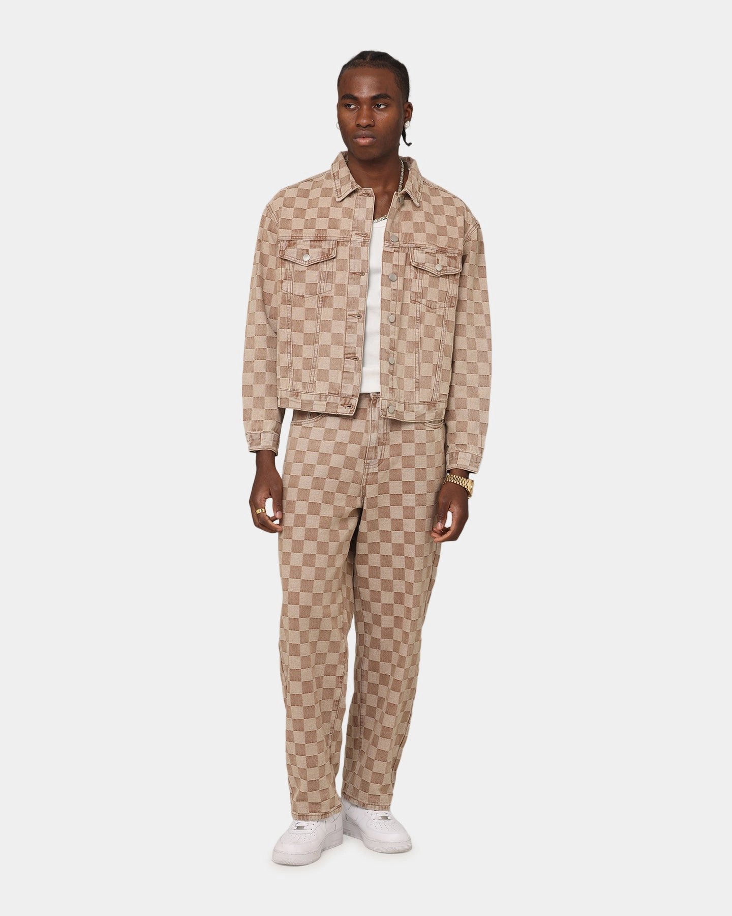 Flattering Look Comfort Wear XXIII Checker Board Denim Jeans Tan