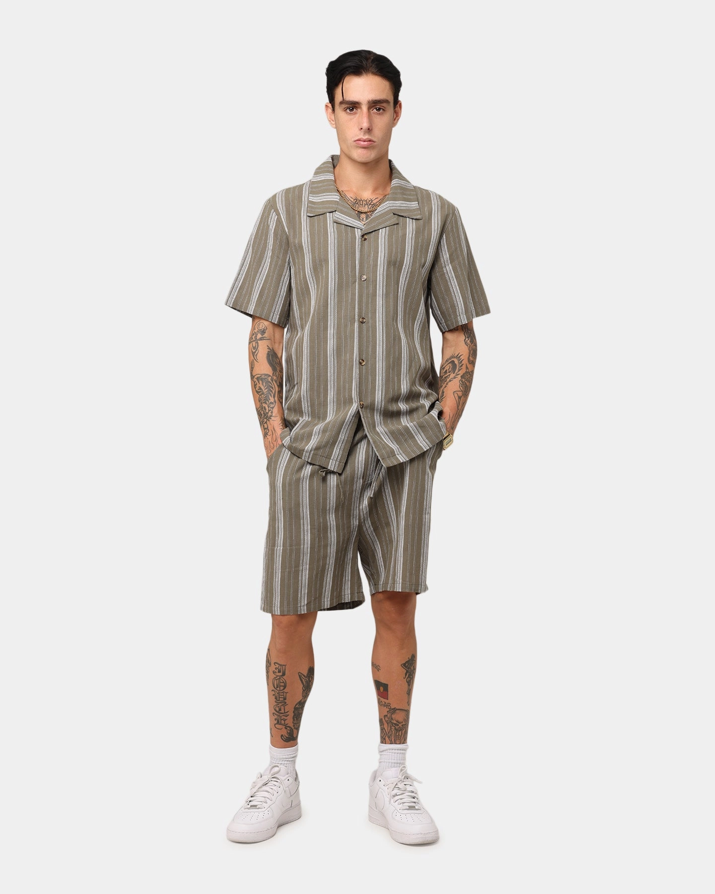 Minimalist Closure Contrast Stitch XXIII Condesa Linen Button Up Shirt Olive